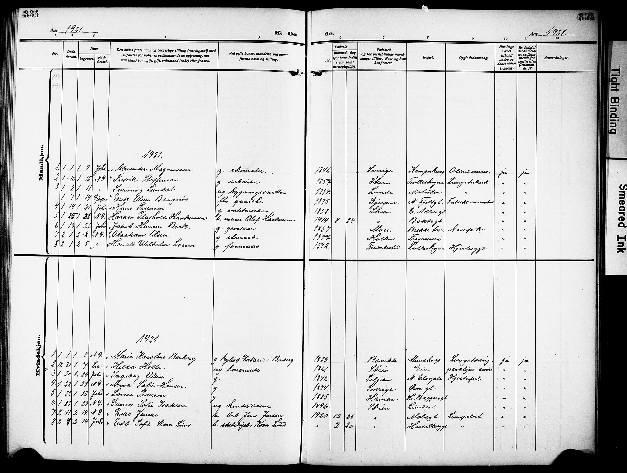 Skien kirkebøker, SAKO/A-302/G/Ga/L0010: Parish register (copy) no. 10, 1920-1931, p. 334