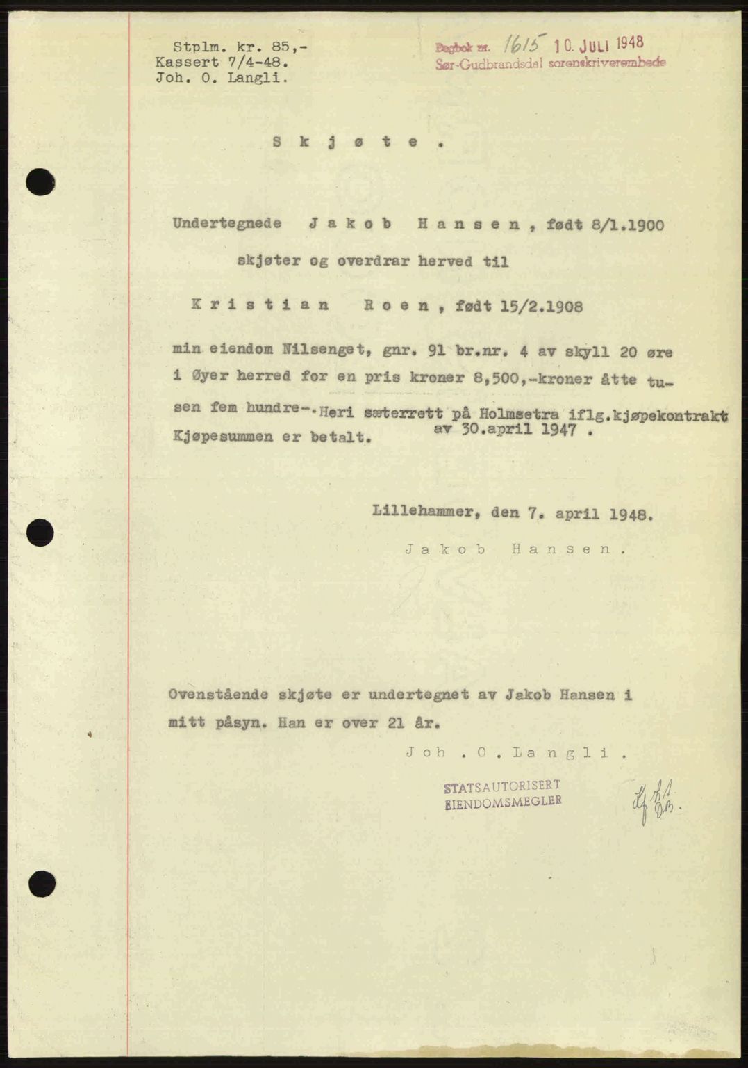 Sør-Gudbrandsdal tingrett, SAH/TING-004/H/Hb/Hbd/L0022: Mortgage book no. A22, 1948-1948, Diary no: : 1615/1948