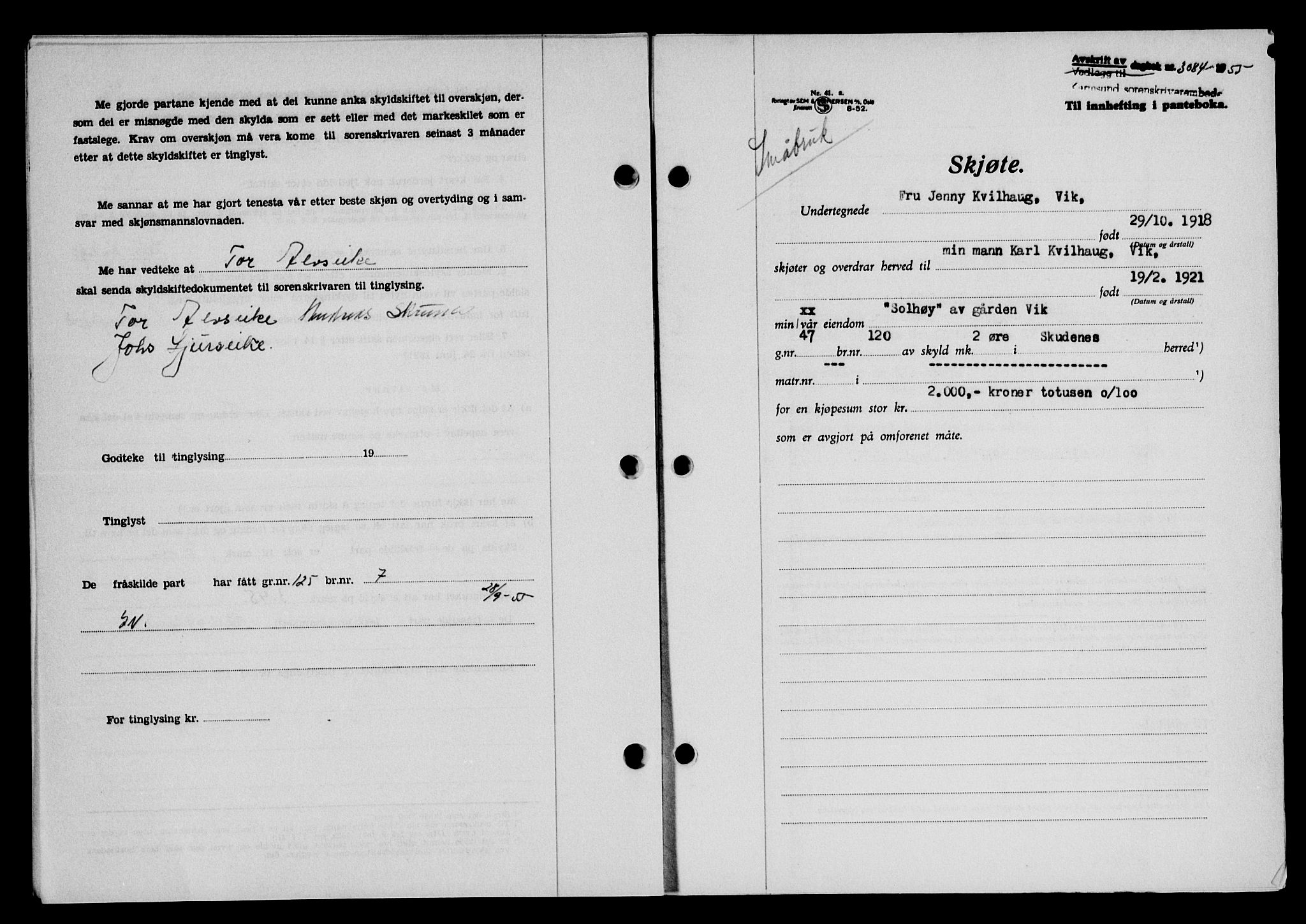 Karmsund sorenskriveri, SAST/A-100311/01/II/IIB/L0117: Mortgage book no. 97Aa, 1955-1955, Diary no: : 3084/1955