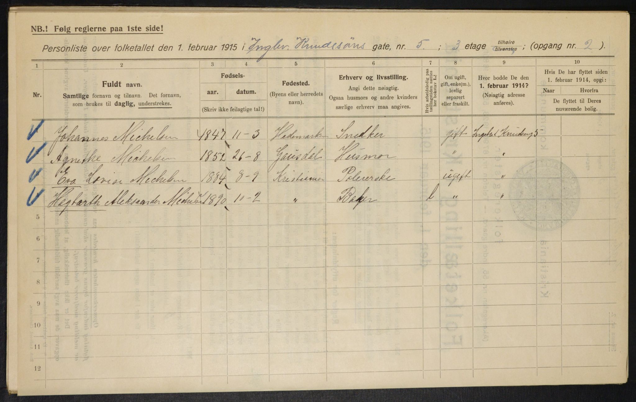 OBA, Municipal Census 1915 for Kristiania, 1915, p. 43325