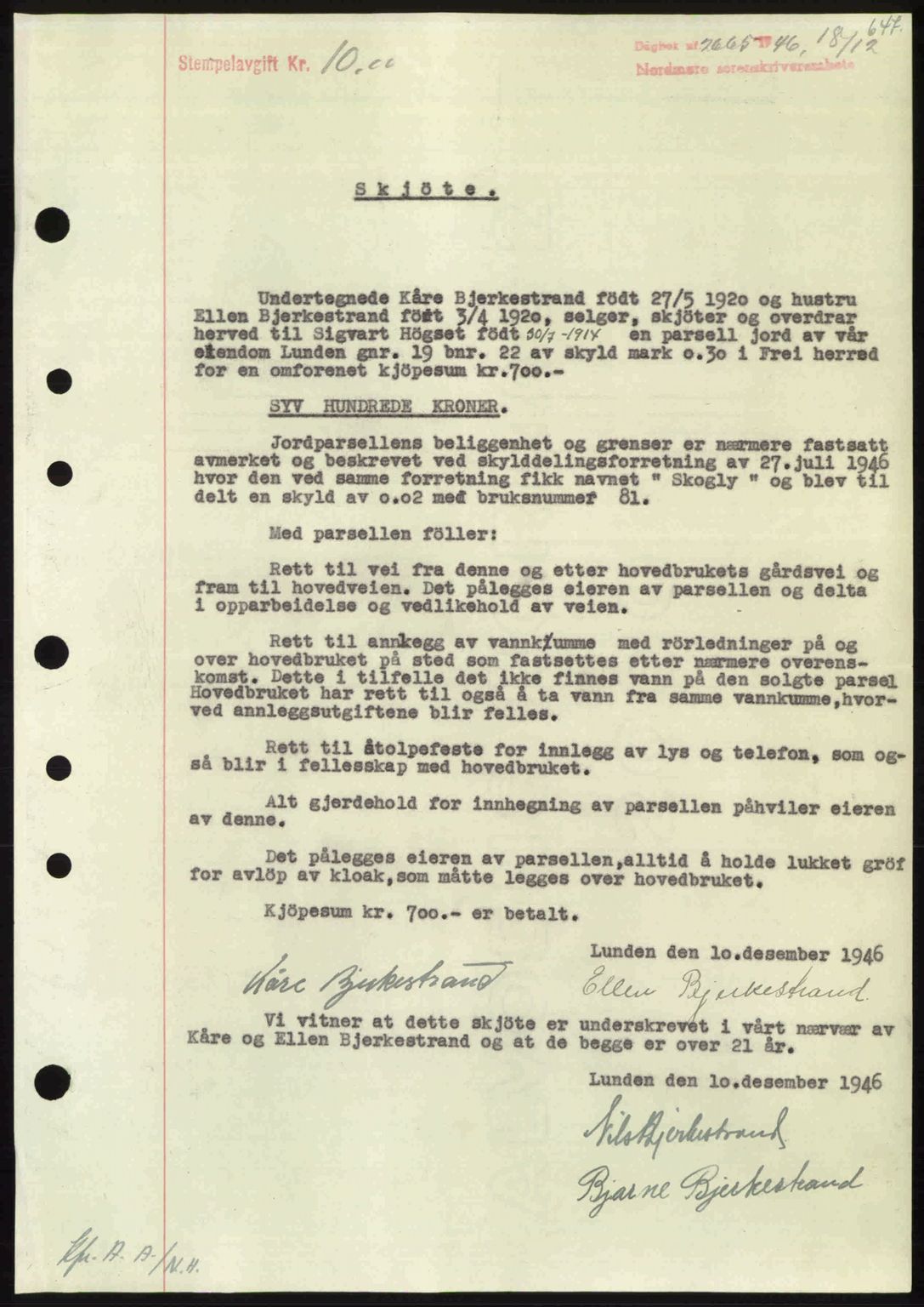 Nordmøre sorenskriveri, AV/SAT-A-4132/1/2/2Ca: Mortgage book no. A103, 1946-1947, Diary no: : 2665/1946