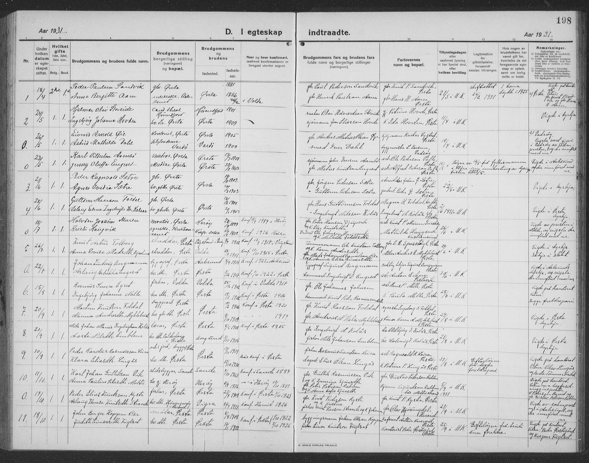 Ministerialprotokoller, klokkerbøker og fødselsregistre - Møre og Romsdal, SAT/A-1454/513/L0191: Parish register (copy) no. 513C05, 1920-1941, p. 198