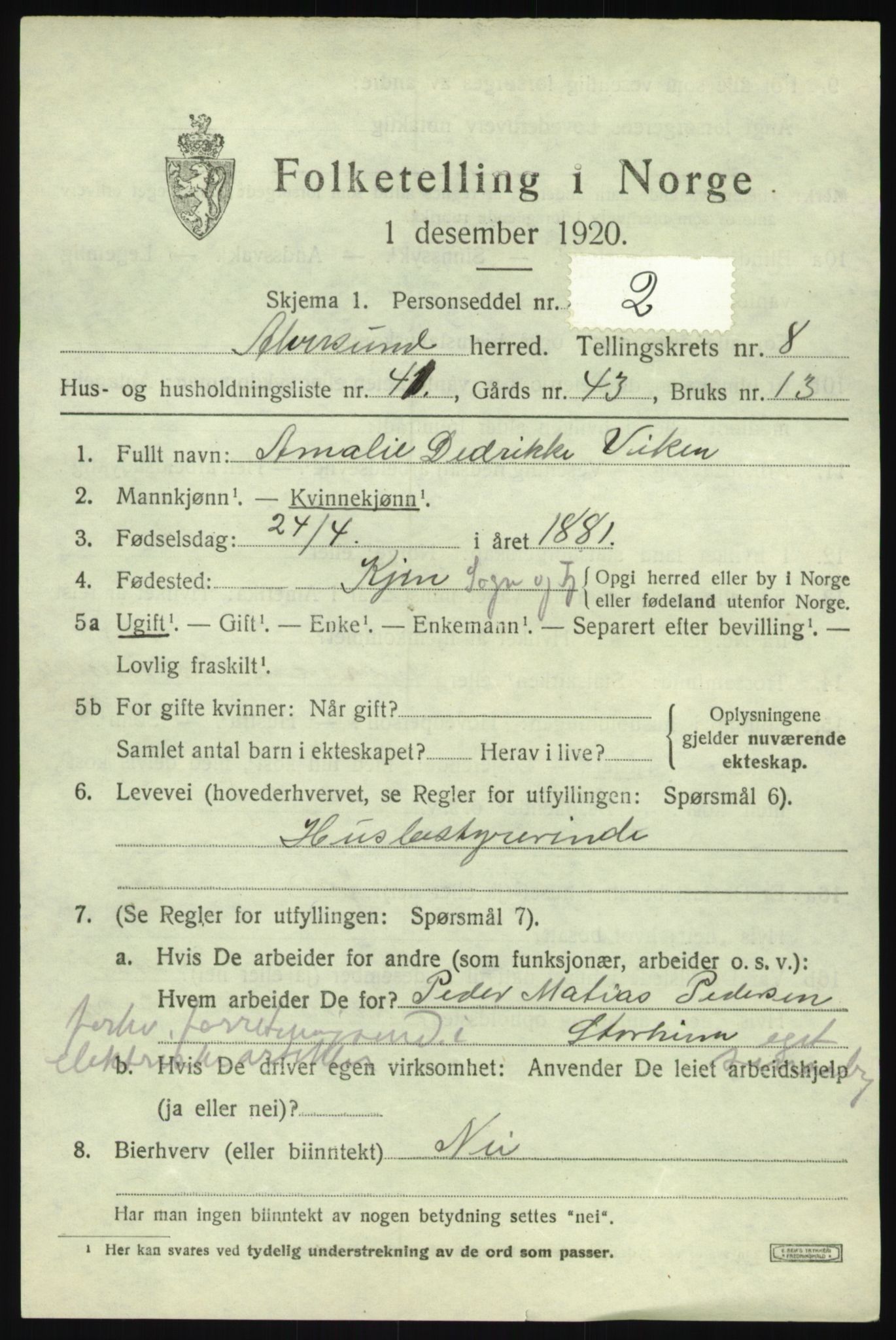 SAB, 1920 census for Alversund, 1920, p. 5300