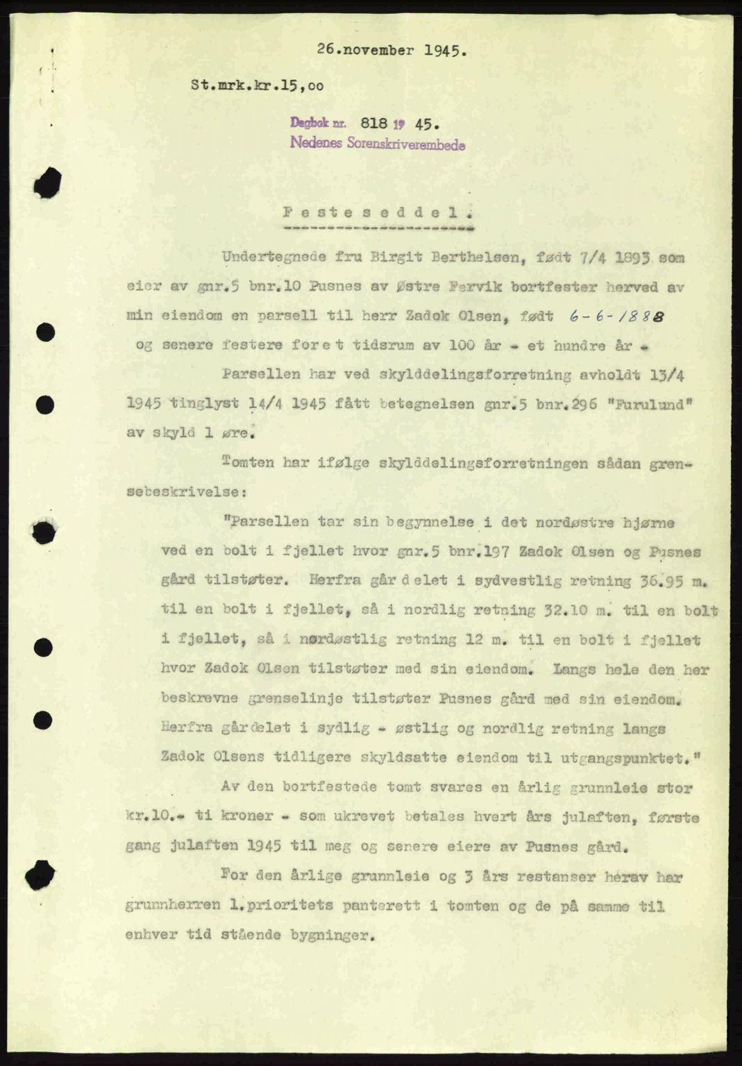 Nedenes sorenskriveri, SAK/1221-0006/G/Gb/Gba/L0053: Mortgage book no. A6b, 1945-1945, Diary no: : 818/1945