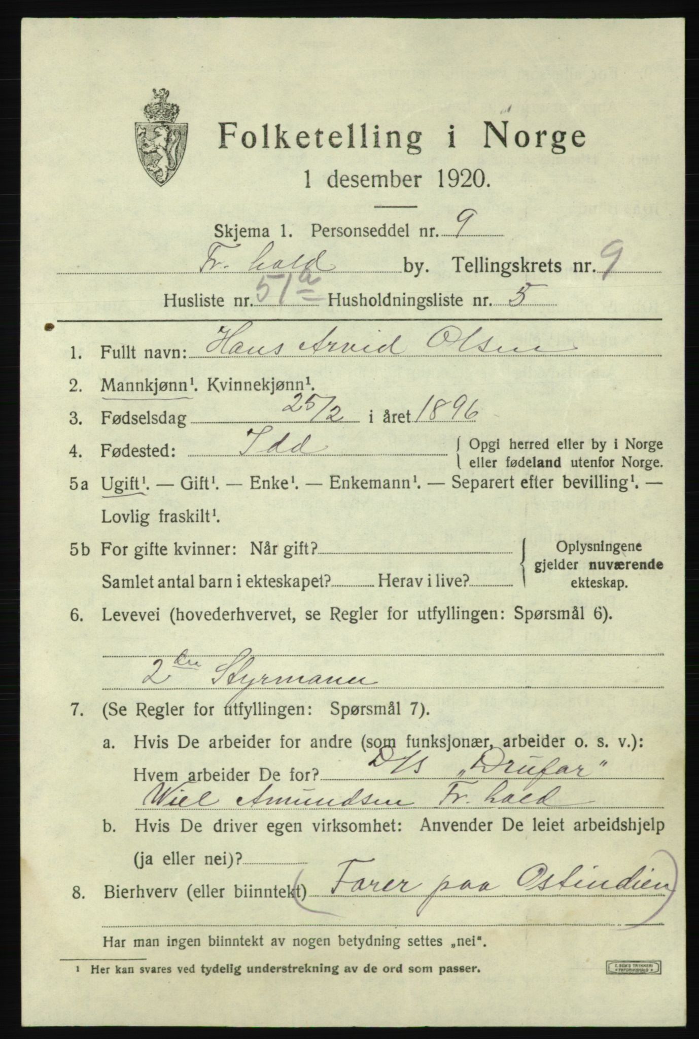 SAO, 1920 census for Fredrikshald, 1920, p. 17179