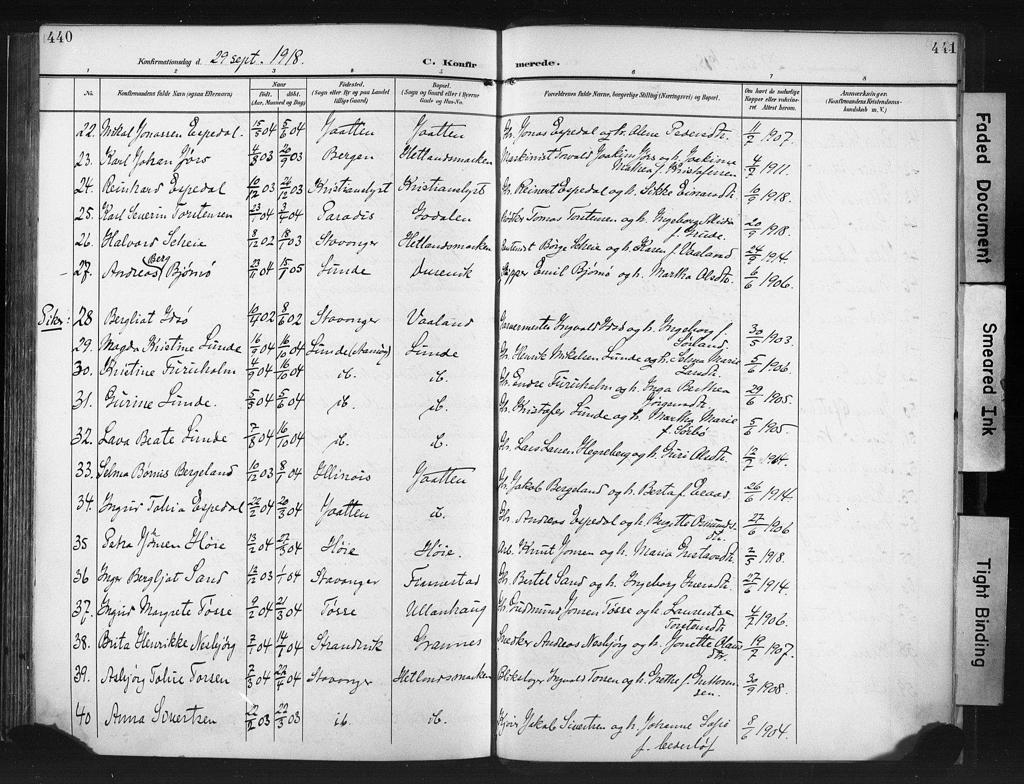 Hetland sokneprestkontor, AV/SAST-A-101826/30/30BA/L0013: Parish register (official) no. A 13, 1904-1918, p. 440-441