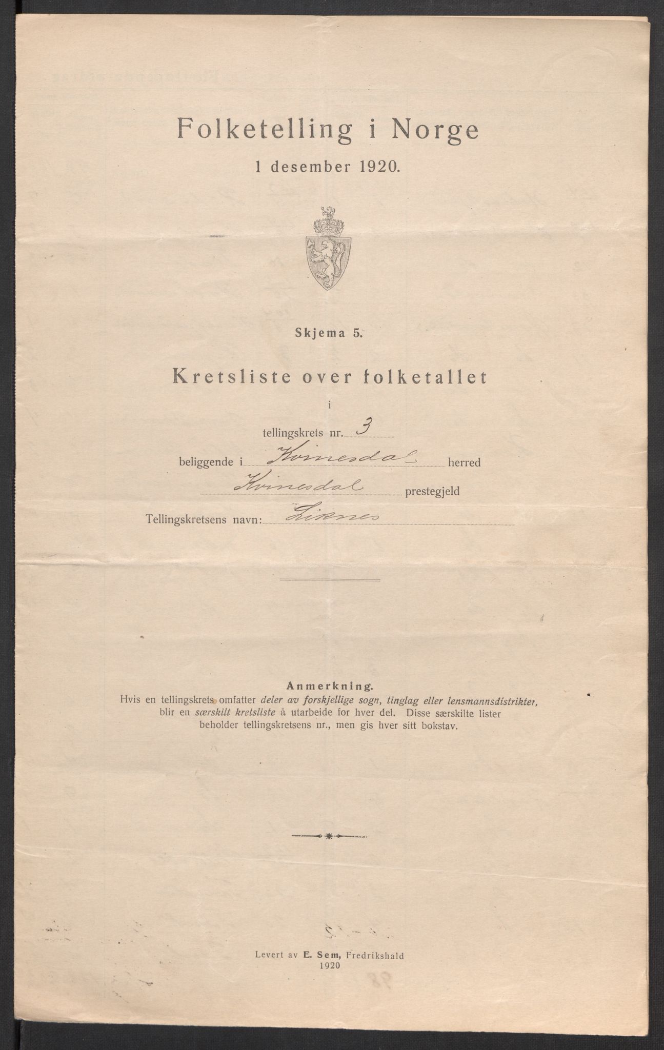 SAK, 1920 census for Kvinesdal, 1920, p. 15