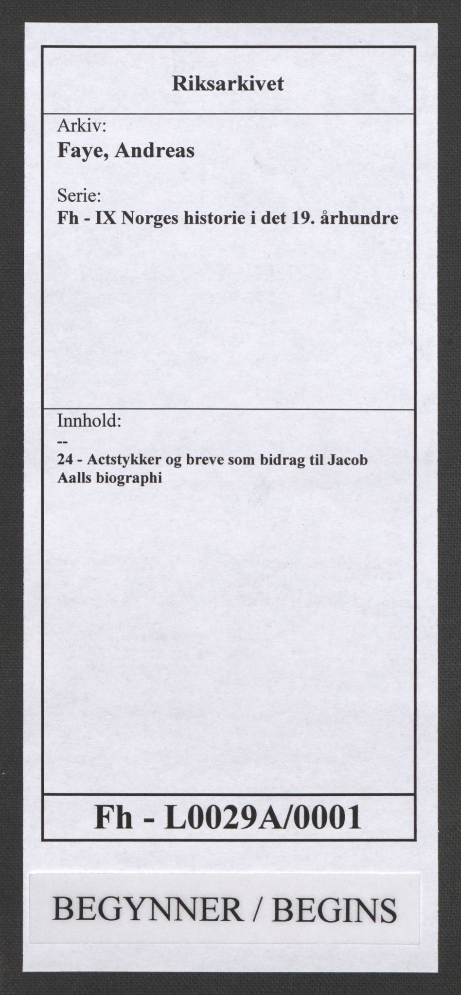 Faye, Andreas, AV/RA-PA-0015/F/Fh/L0029A/0001: -- / Actstykker og breve som bidrag til Jacob Aalls biographi, p. 1