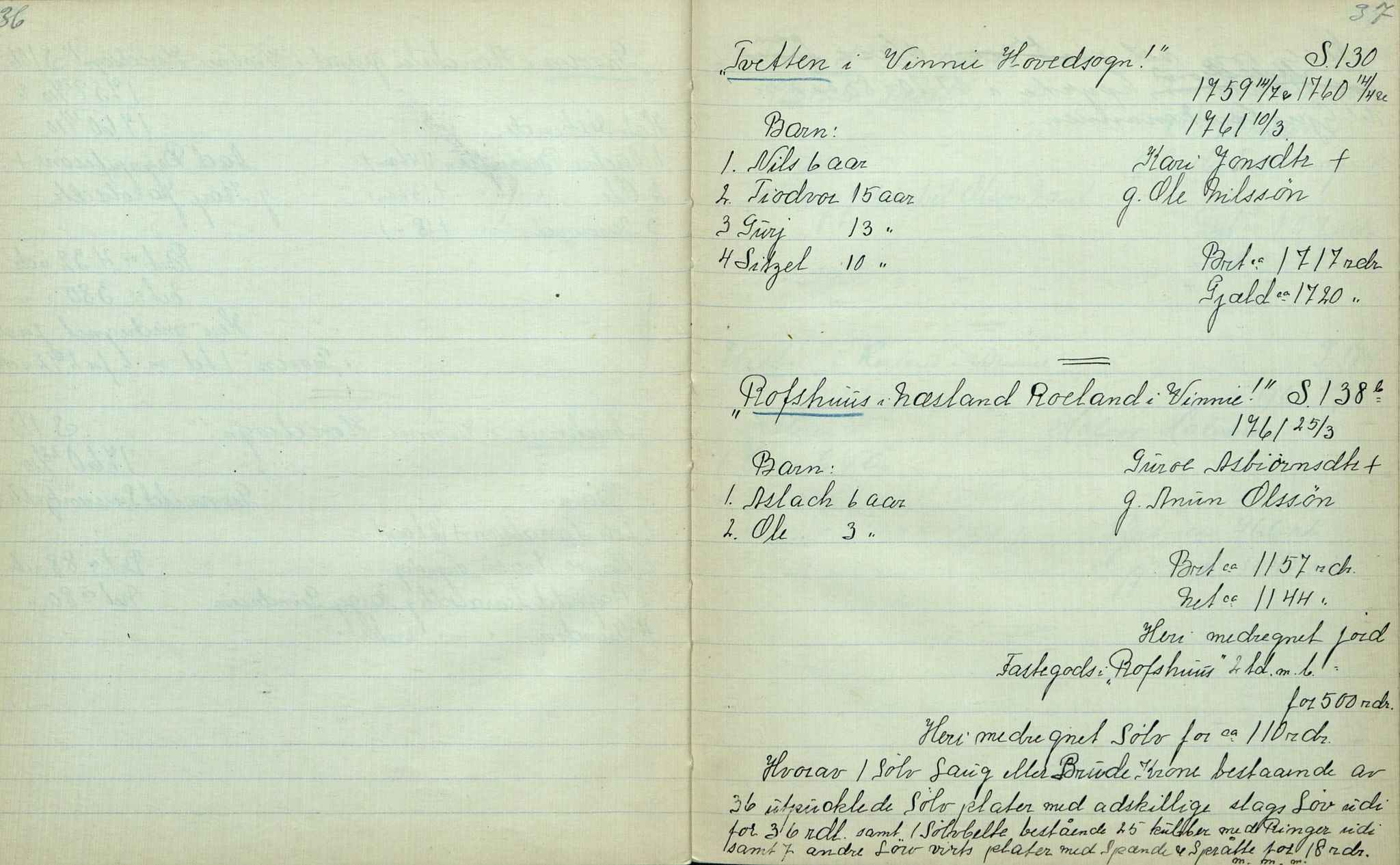 Rikard Berge, TEMU/TGM-A-1003/F/L0012/0012: 400-450 / 411 Vinje 1753-73 Skifte. R. Berge, 1917, p. 36-37