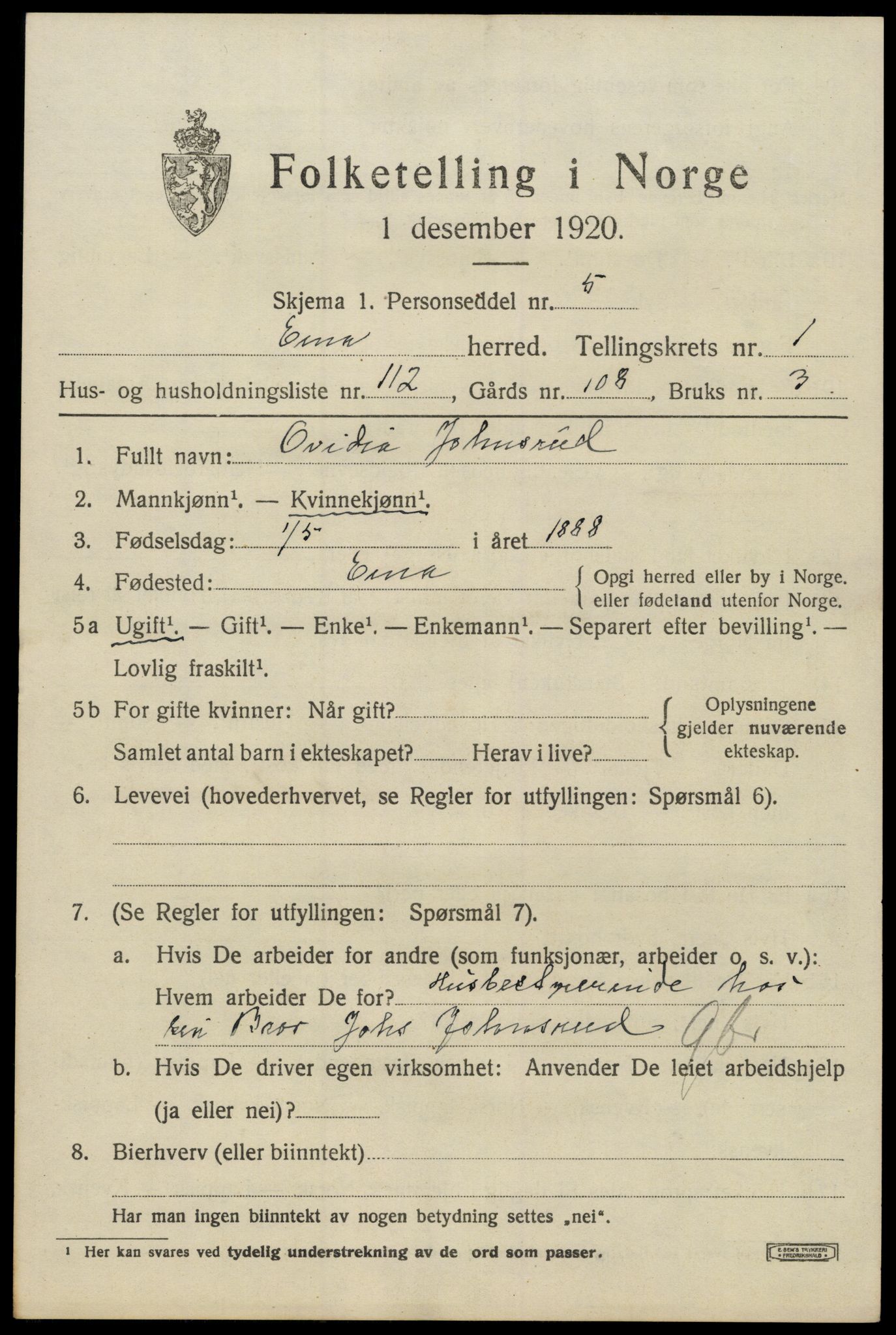 SAH, 1920 census for Eina, 1920, p. 1754