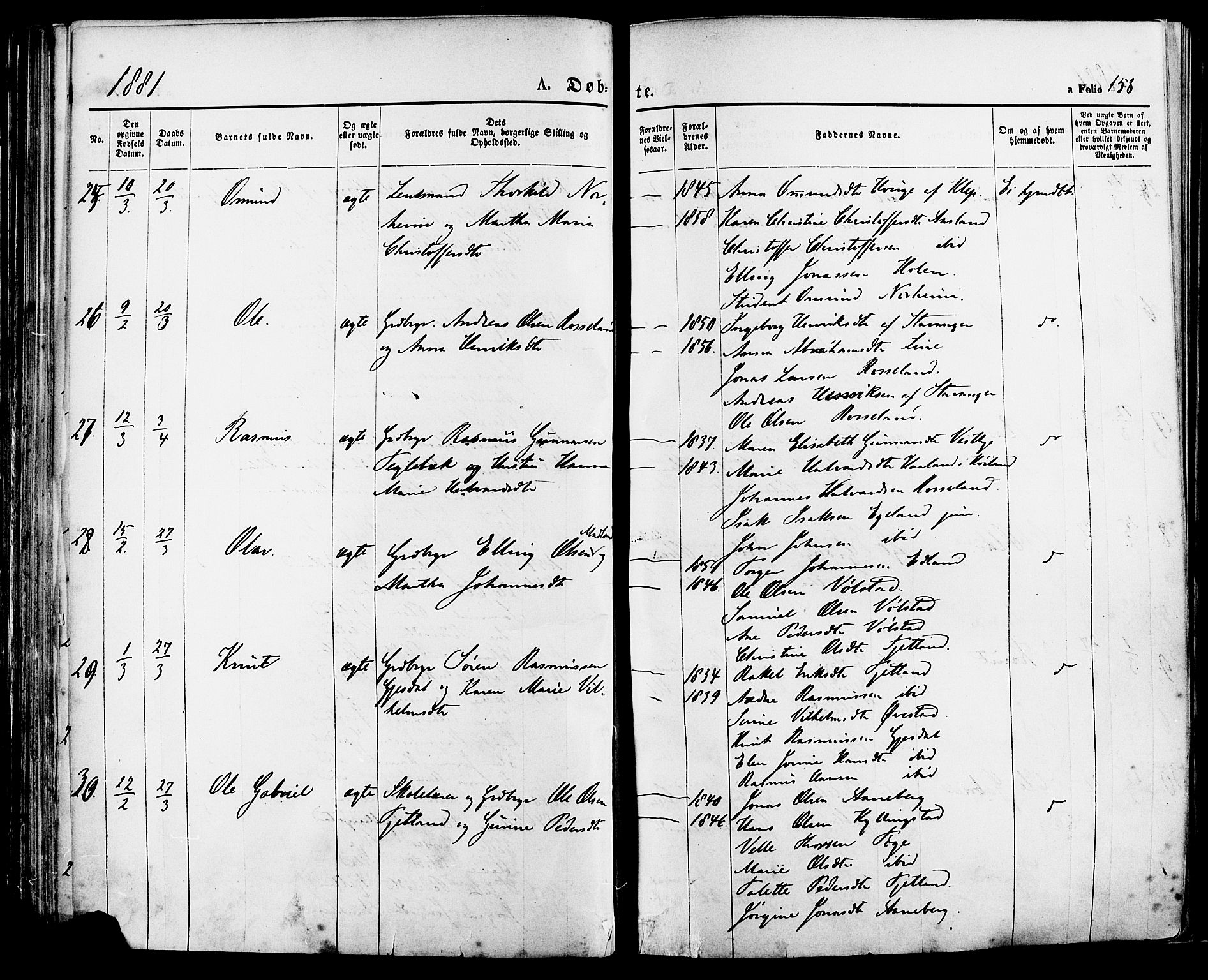 Lye sokneprestkontor, SAST/A-101794/001/30BA/L0008: Parish register (official) no. A 7, 1872-1881, p. 158