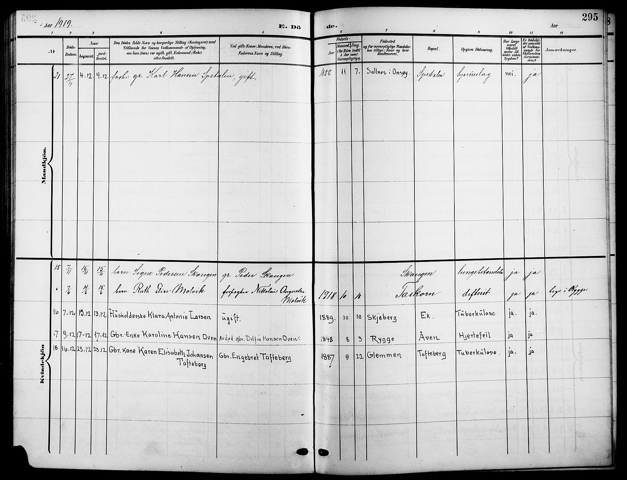 Råde prestekontor kirkebøker, AV/SAO-A-2009/G/Ga/L0001: Parish register (copy) no. 1, 1903-1925, p. 295