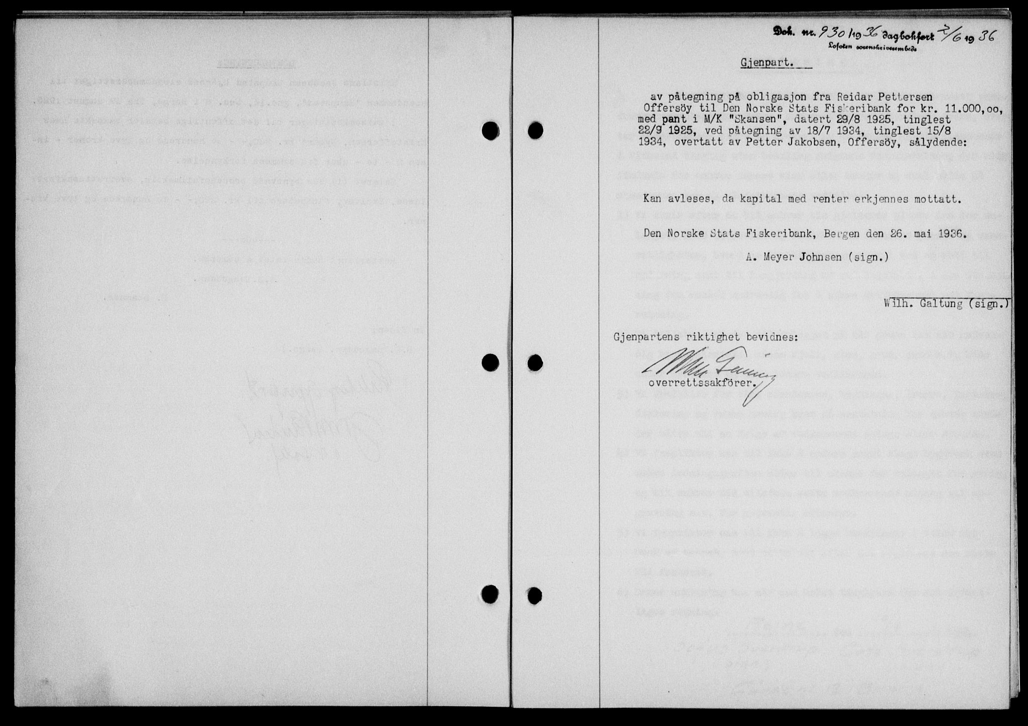 Lofoten sorenskriveri, SAT/A-0017/1/2/2C/L0033b: Mortgage book no. 33b, 1936-1936, Diary no: : 930/1936