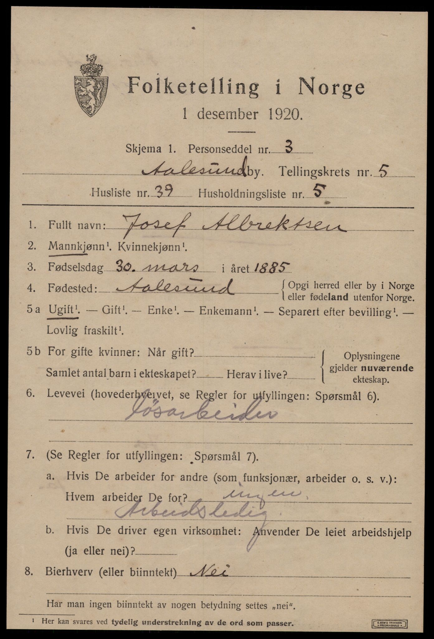 SAT, 1920 census for Ålesund, 1920, p. 17608