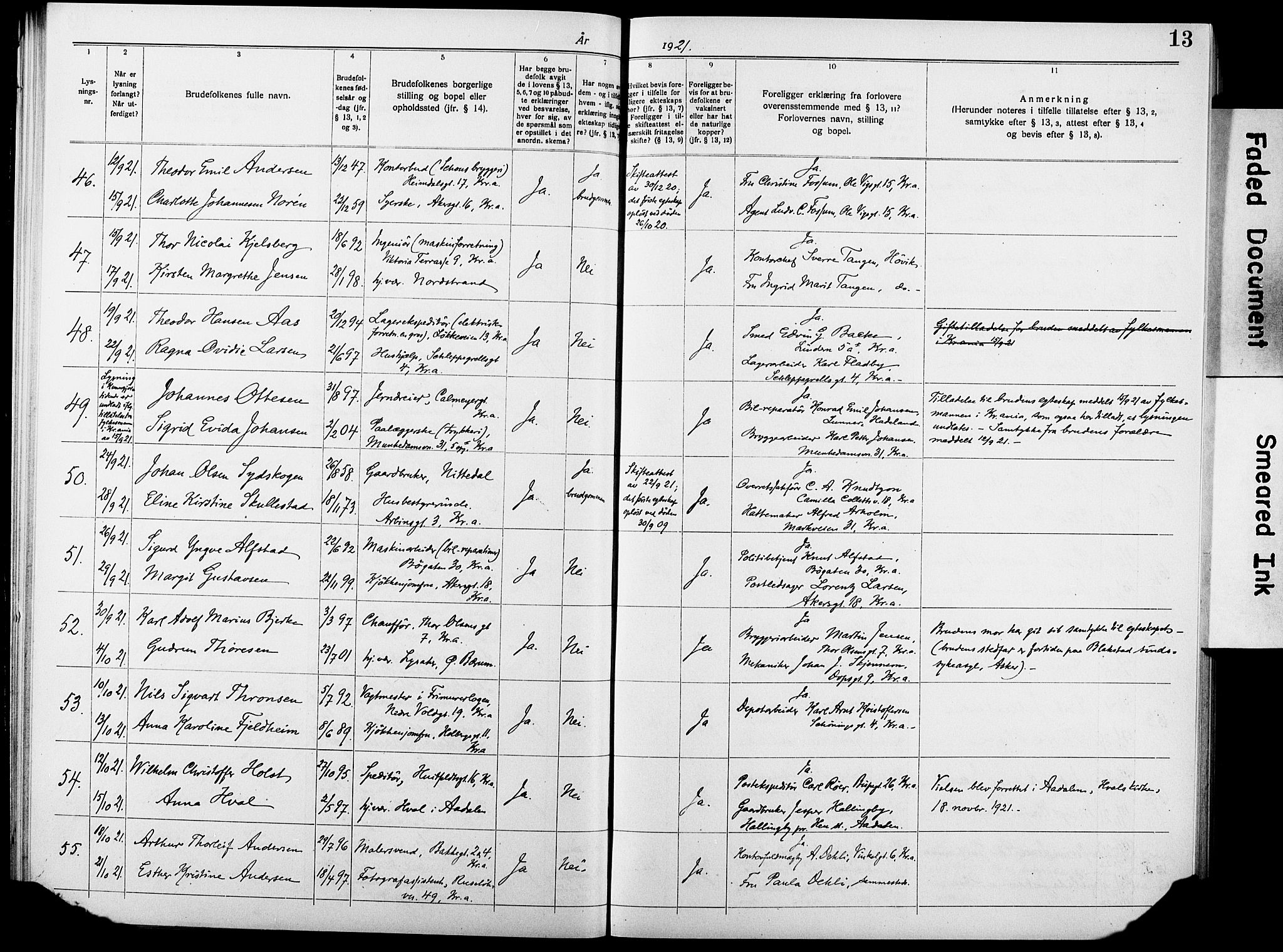 Johannes prestekontor Kirkebøker, SAO/A-10852/H/Ha/L0006: Banns register no. 6, 1920-1930, p. 13