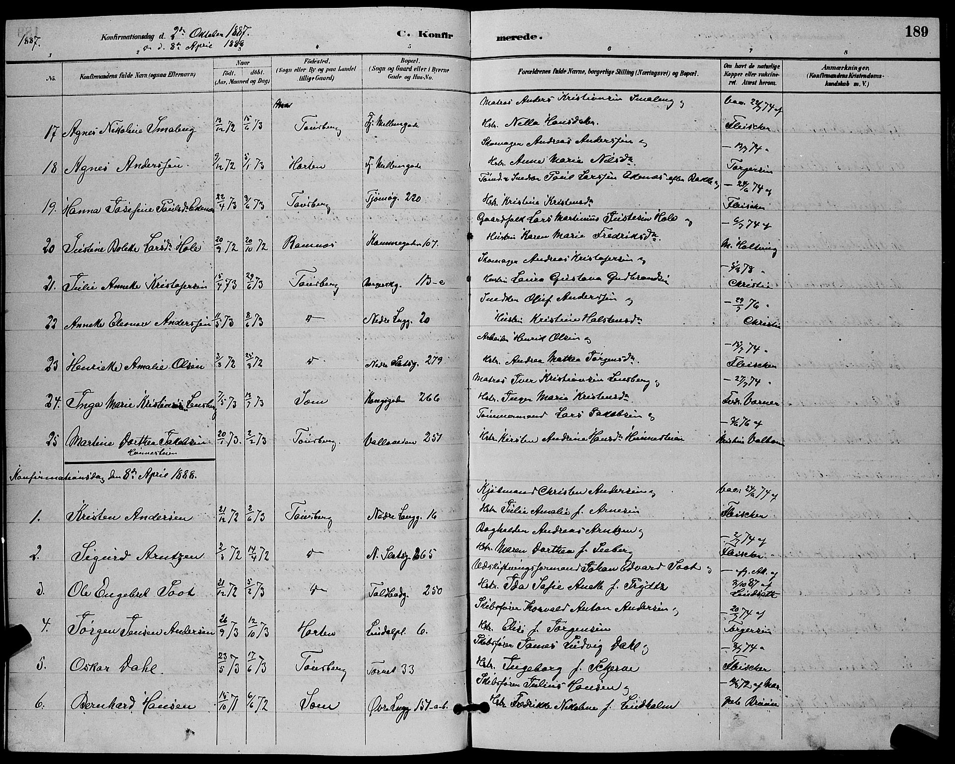 Tønsberg kirkebøker, AV/SAKO-A-330/G/Ga/L0006: Parish register (copy) no. 6, 1885-1895, p. 189