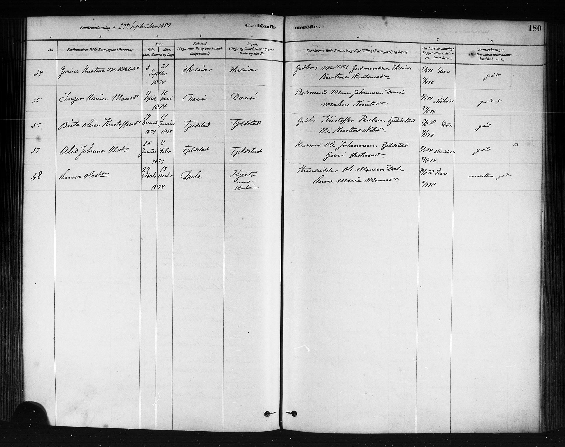 Herdla Sokneprestembete, AV/SAB-A-75701/H/Haa: Parish register (official) no. A 3, 1878-1890, p. 180