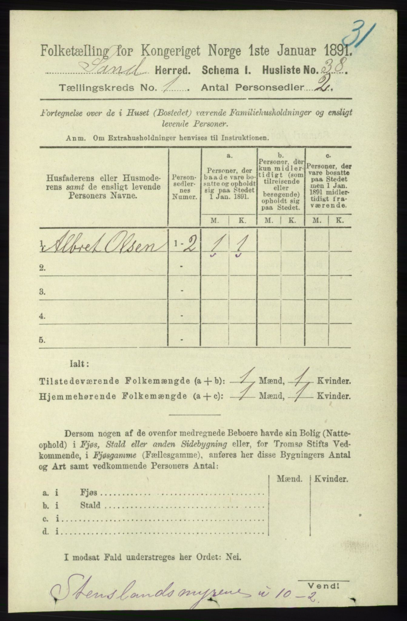 RA, 1891 census for 1136 Sand, 1891, p. 53