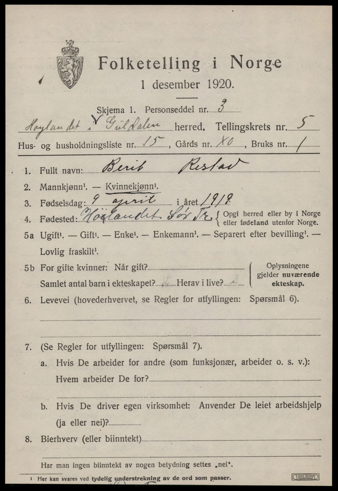 SAT, 1920 census for Hølonda, 1920, p. 2341