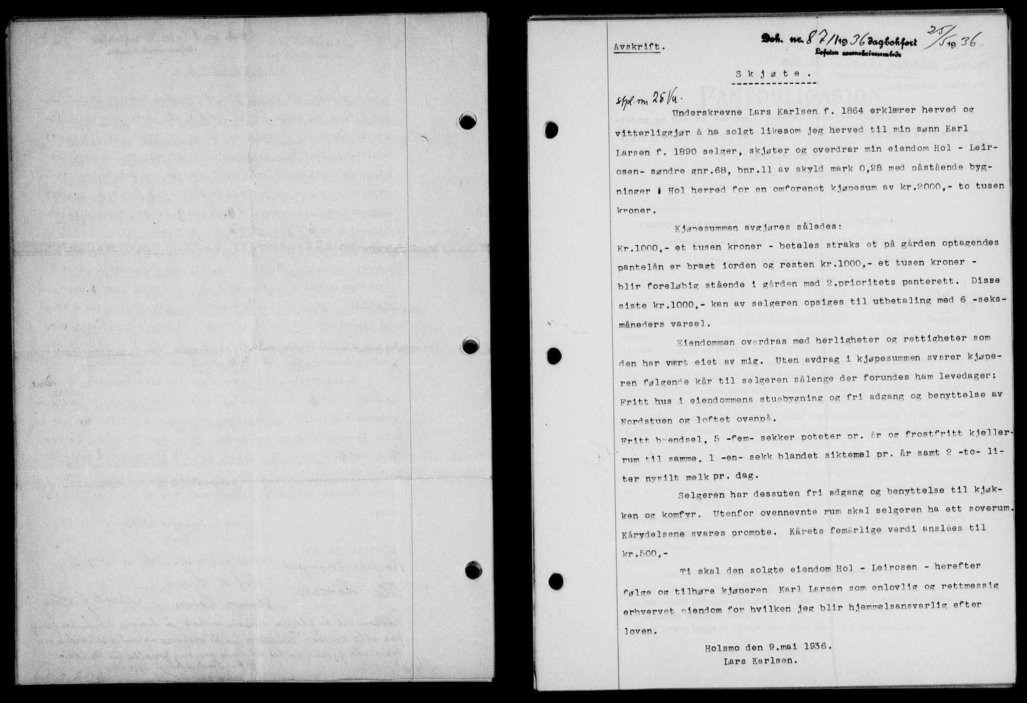 Lofoten sorenskriveri, SAT/A-0017/1/2/2C/L0033b: Mortgage book no. 33b, 1936-1936, Diary no: : 871/1936
