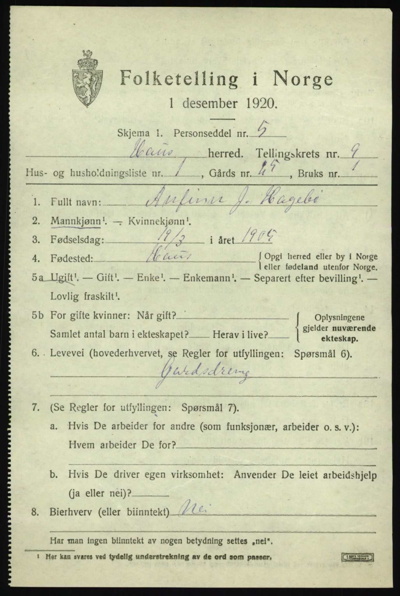 SAB, 1920 census for Haus, 1920, p. 5469