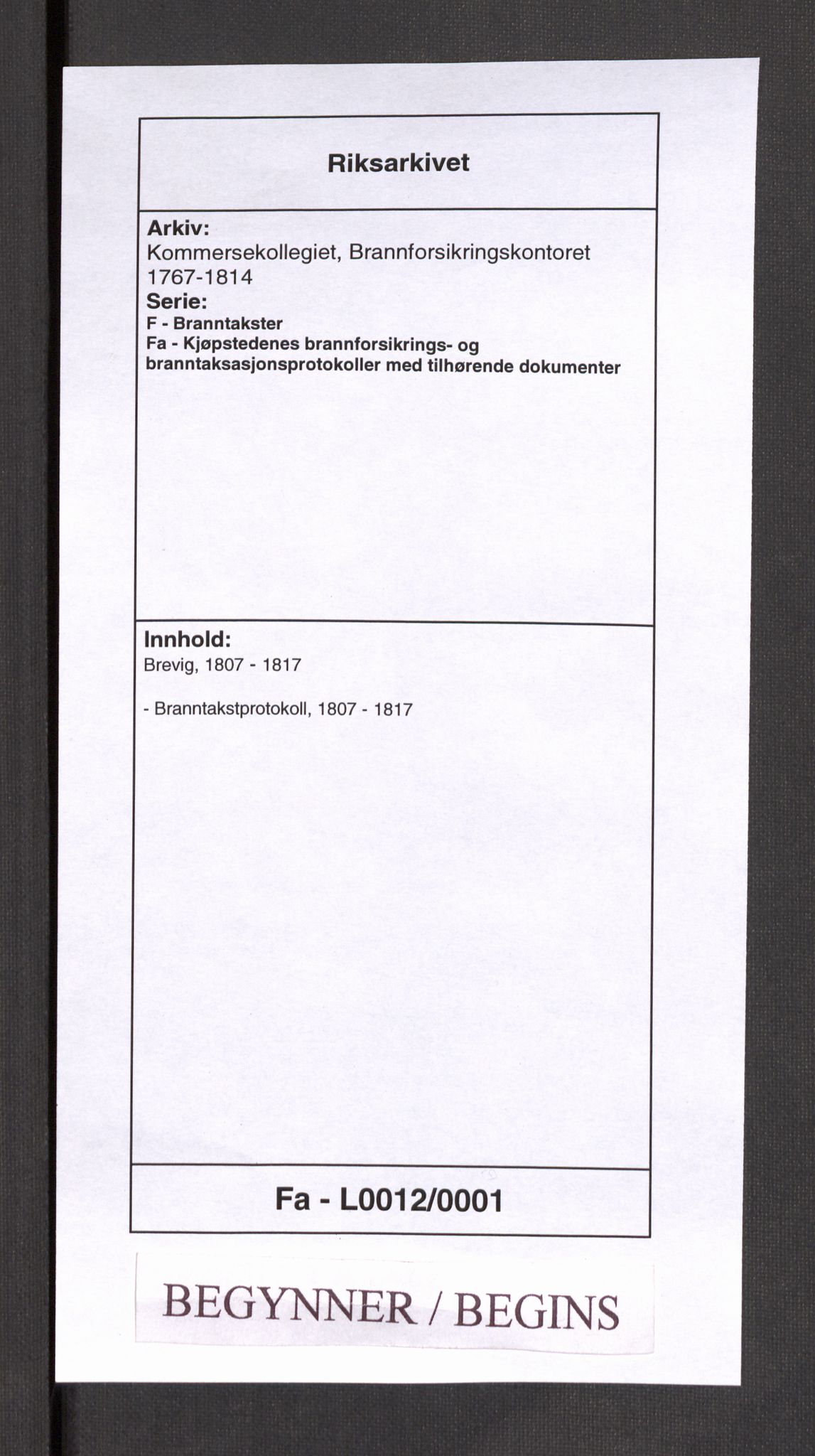 Kommersekollegiet, Brannforsikringskontoret 1767-1814, RA/EA-5458/F/Fa/L0012/0001: Brevik / Branntakstprotokoll, 1807-1817