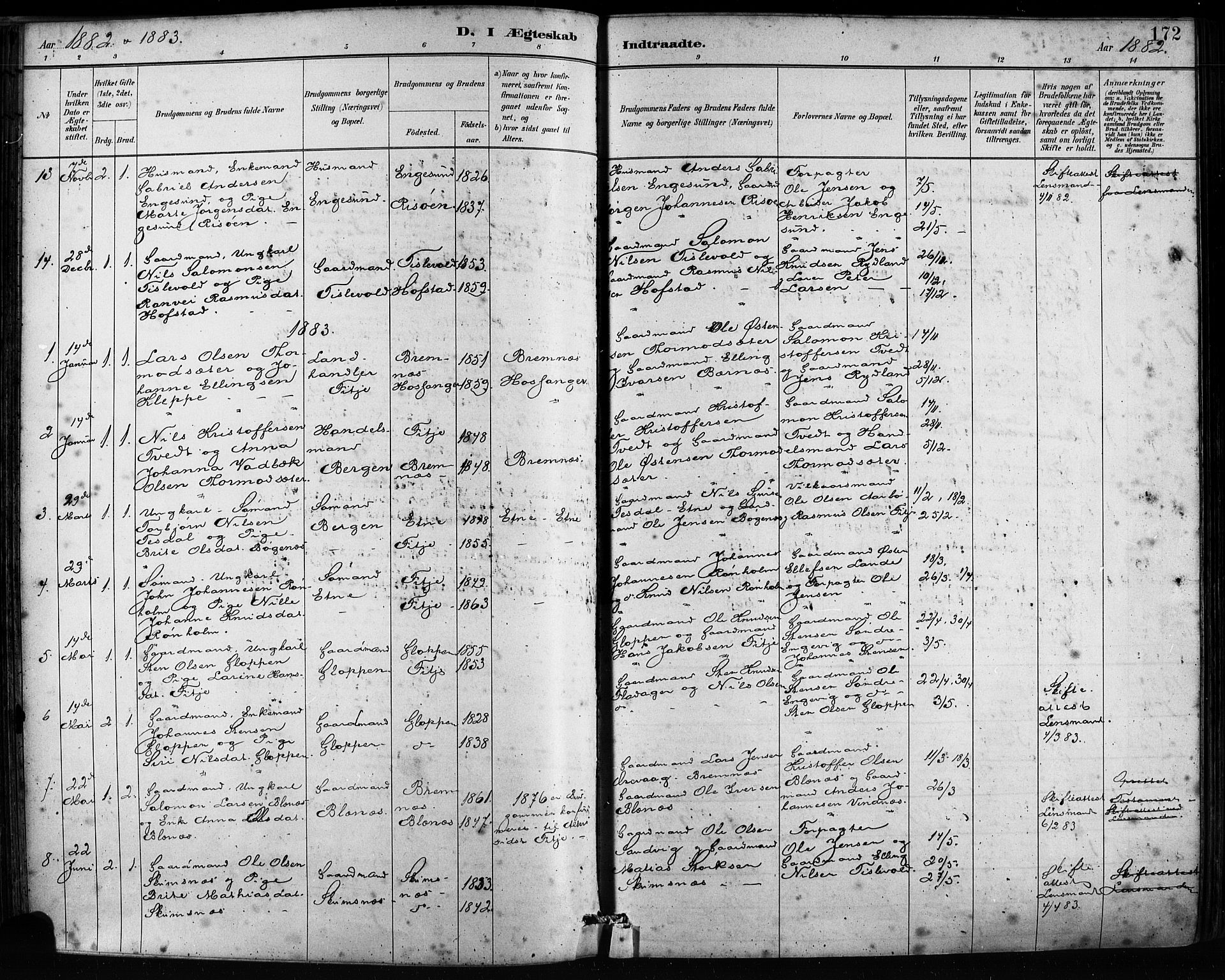 Fitjar sokneprestembete, SAB/A-99926: Parish register (official) no. A 2, 1882-1899, p. 172