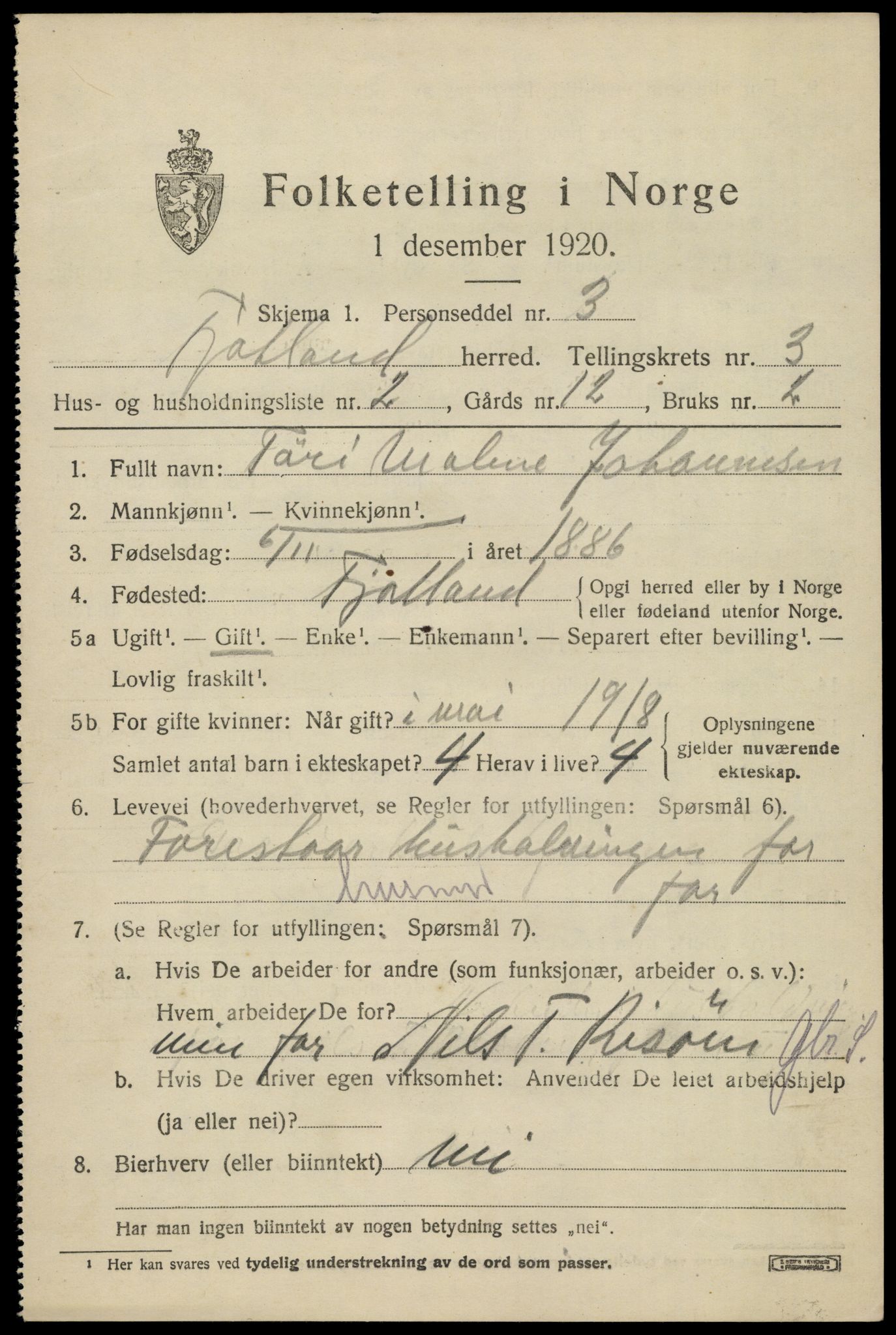 SAK, 1920 census for Fjotland, 1920, p. 946