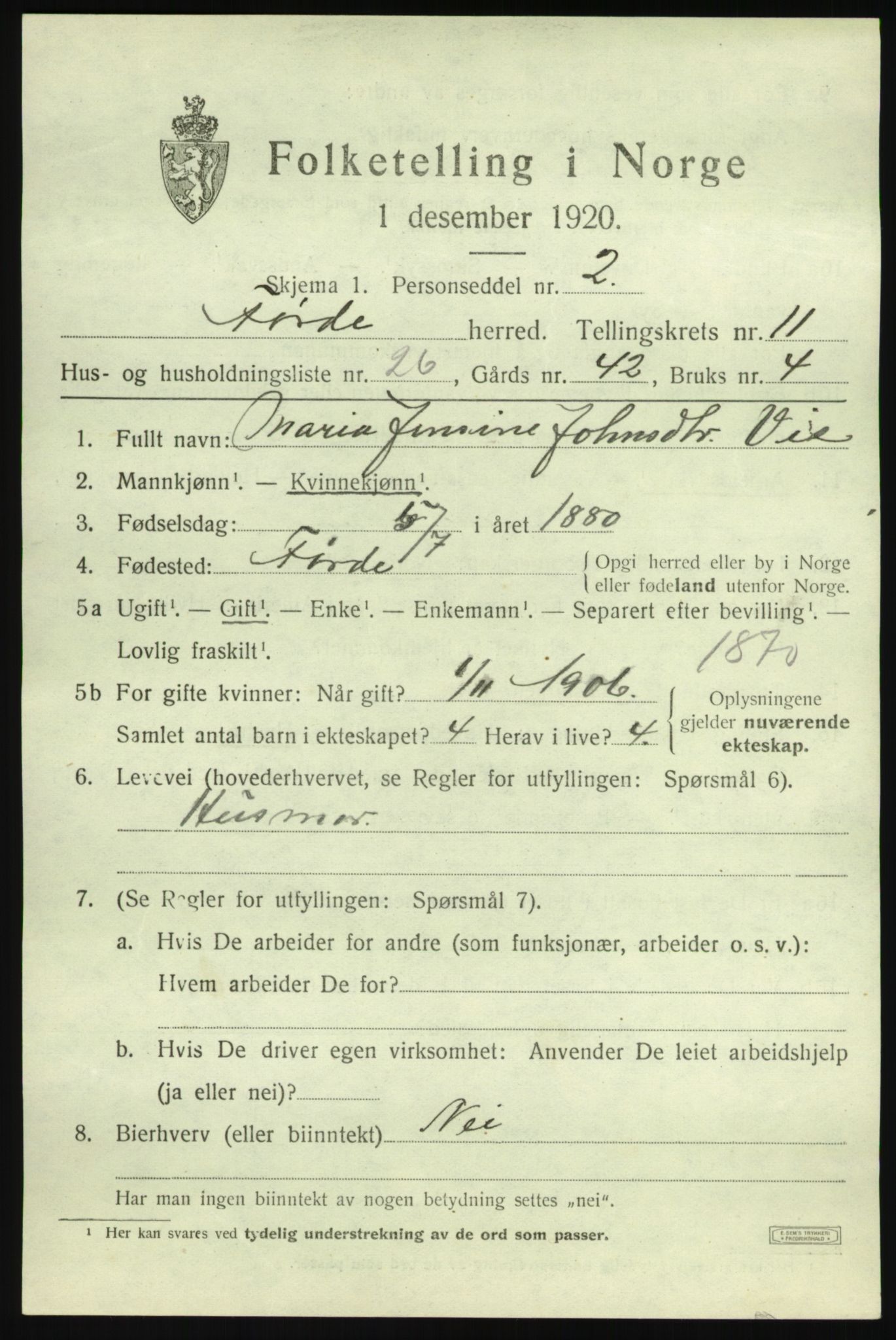 SAB, 1920 census for Førde, 1920, p. 4248