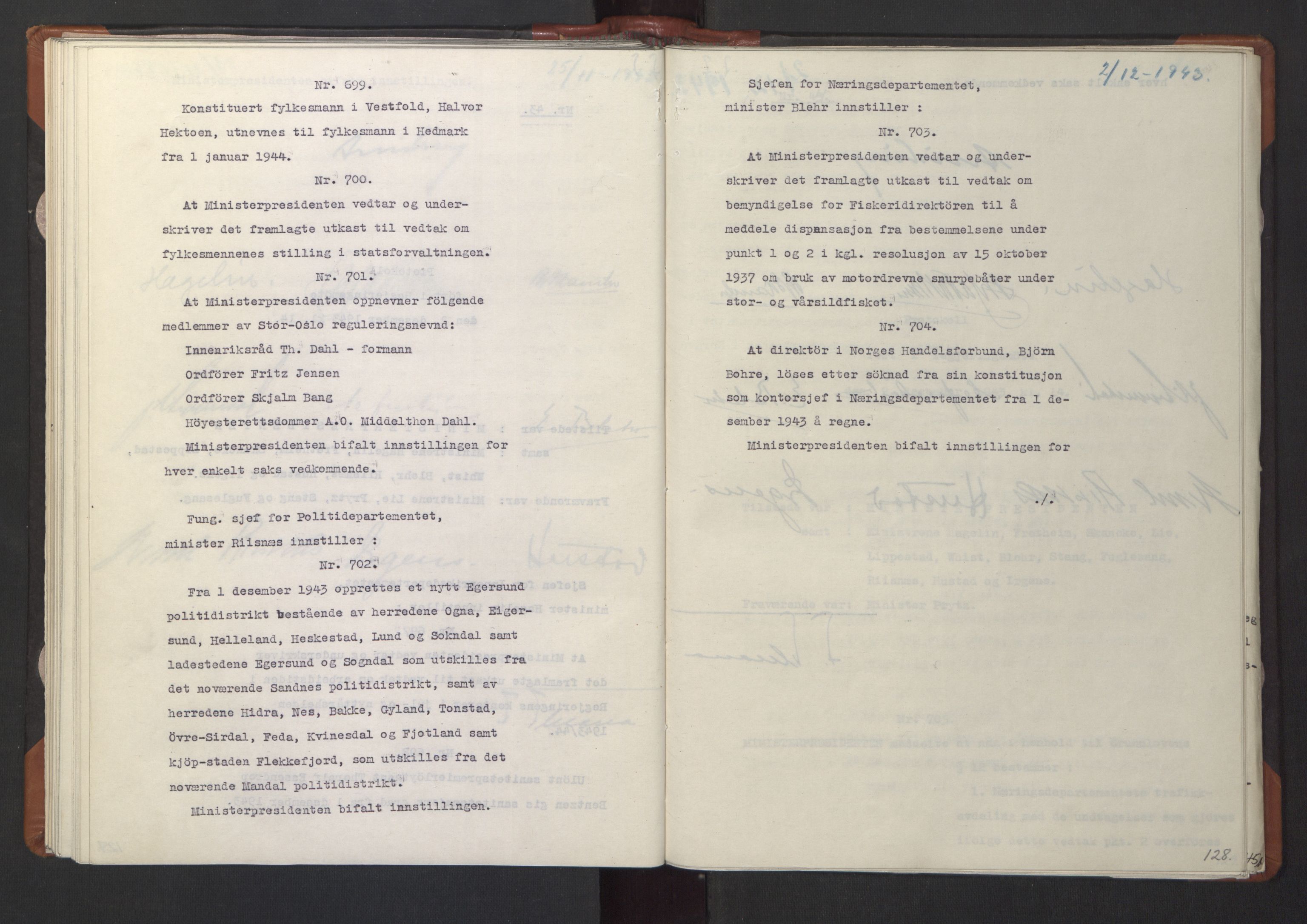 NS-administrasjonen 1940-1945 (Statsrådsekretariatet, de kommisariske statsråder mm), RA/S-4279/D/Da/L0003: Vedtak (Beslutninger) nr. 1-746 og tillegg nr. 1-47 (RA. j.nr. 1394/1944, tilgangsnr. 8/1944, 1943, p. 130