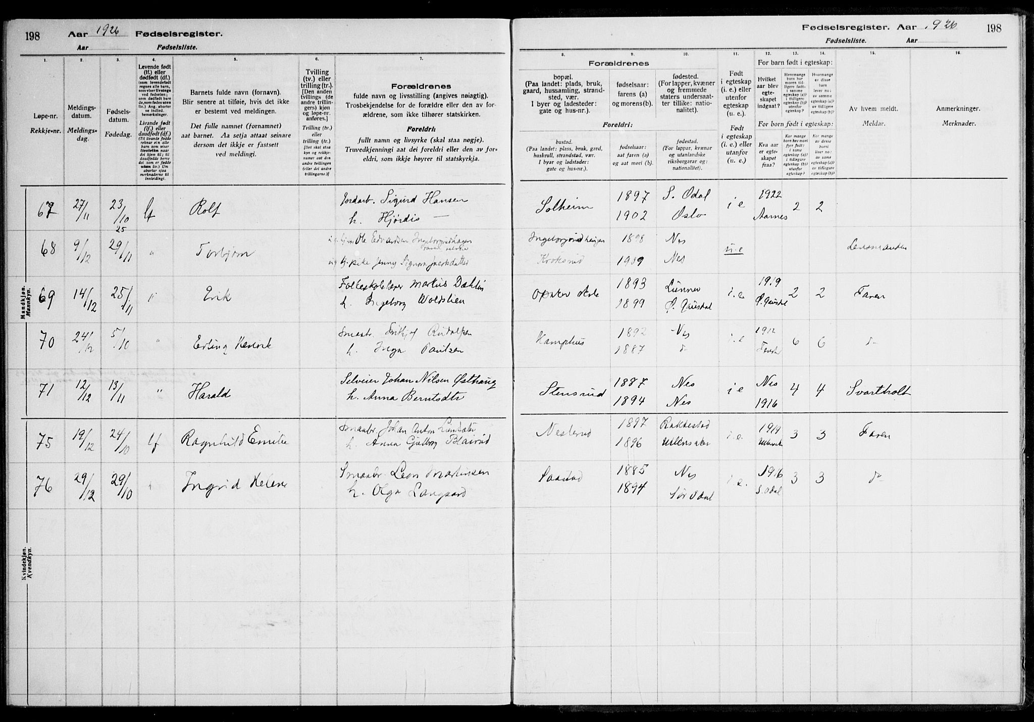 Nes prestekontor Kirkebøker, AV/SAO-A-10410/J/Ja/L0001: Birth register no. 1, 1916-1926, p. 198