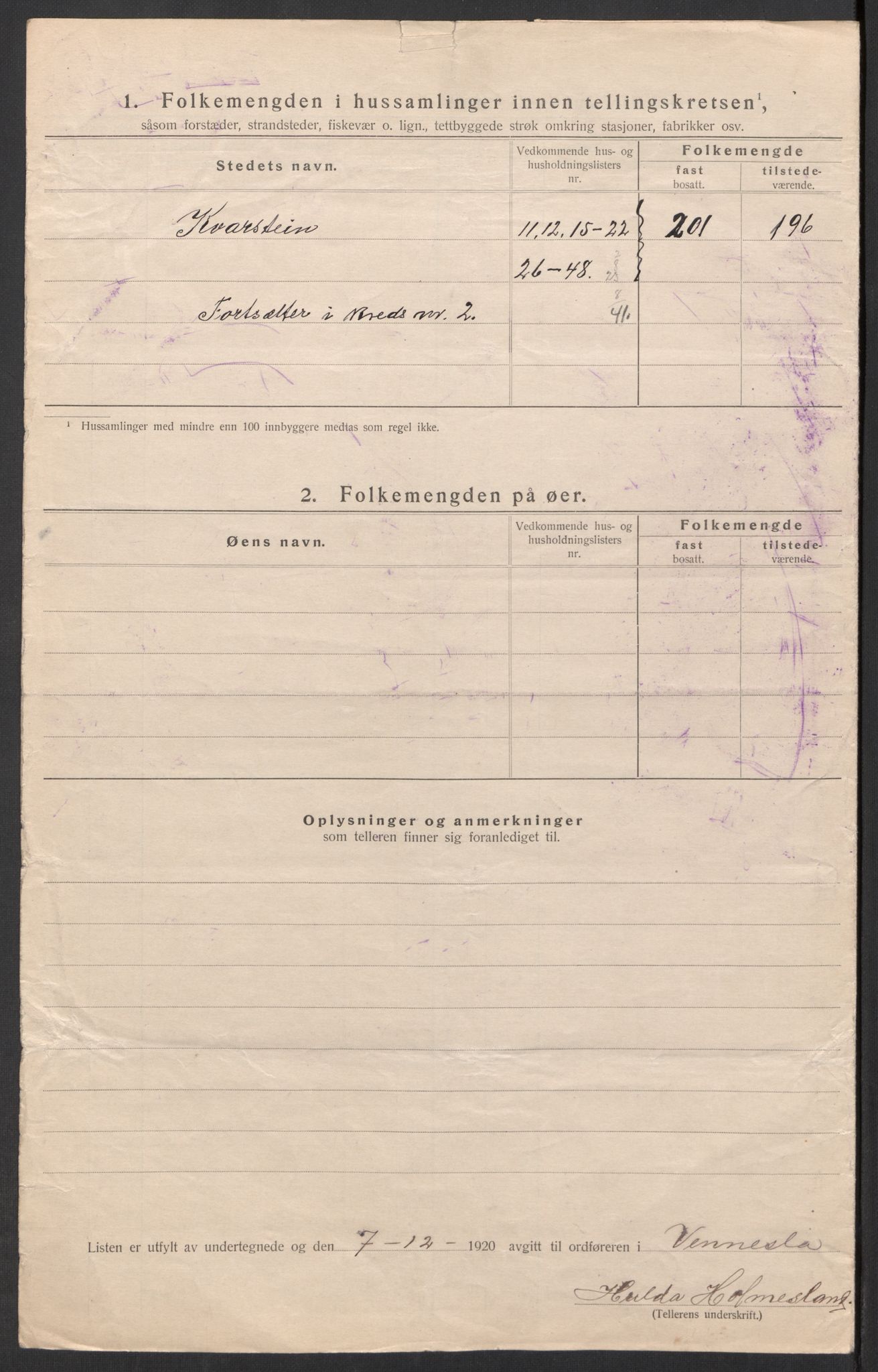 SAK, 1920 census for Vennesla, 1920, p. 9