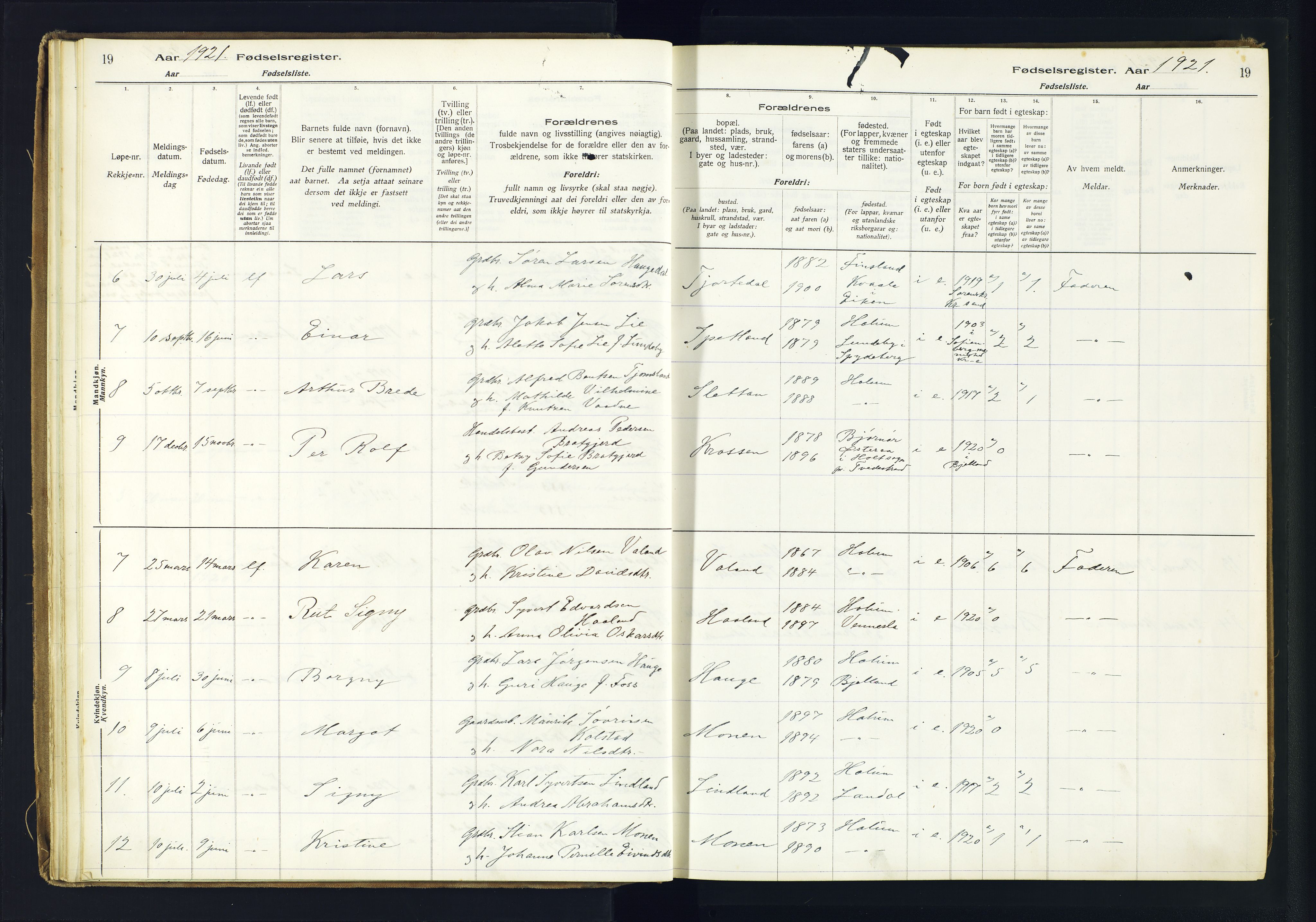 Holum sokneprestkontor, SAK/1111-0022/J/Ja/L0003: Birth register no. II.6.12, 1916-1982, p. 19