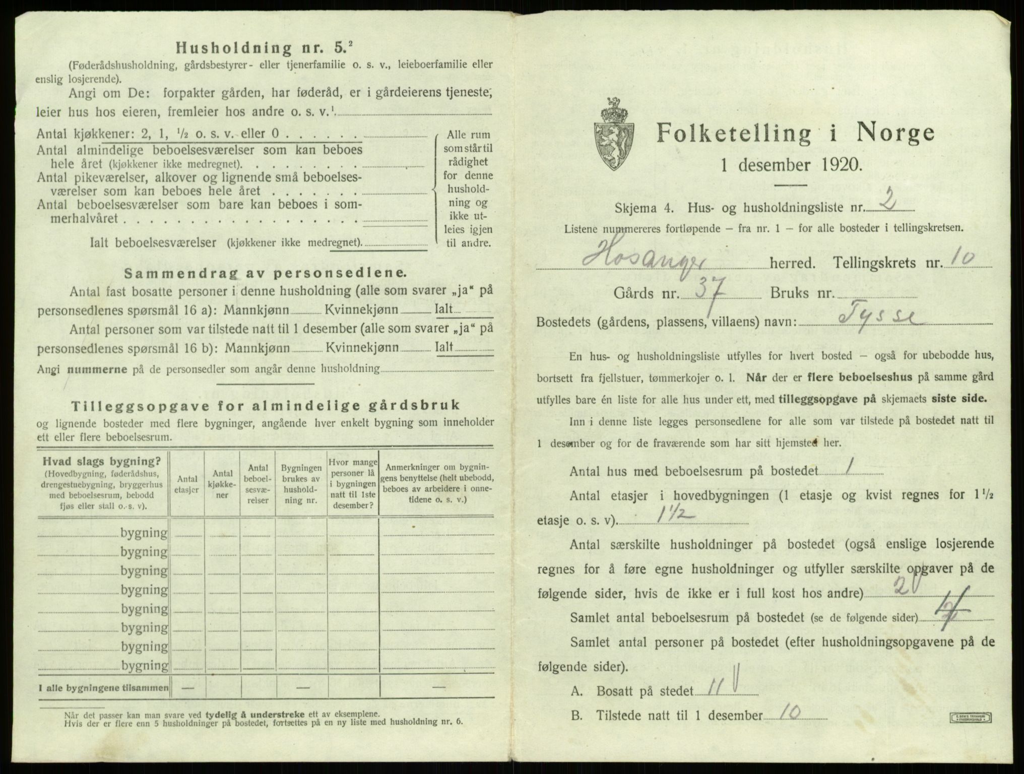 SAB, 1920 census for Hosanger, 1920, p. 540