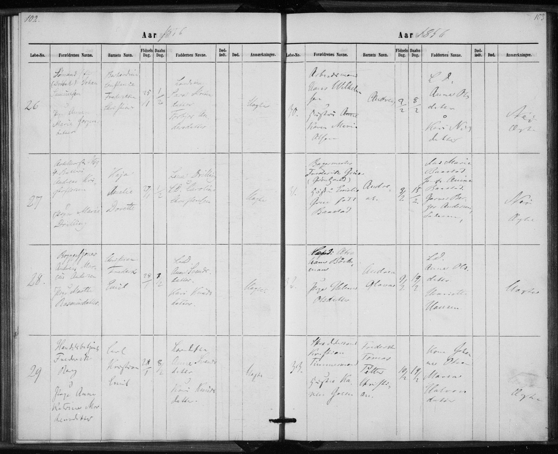 Rikshospitalet prestekontor Kirkebøker, AV/SAO-A-10309b/K/L0002/0001: Baptism register no. 2.1, 1854-1860, p. 102-103