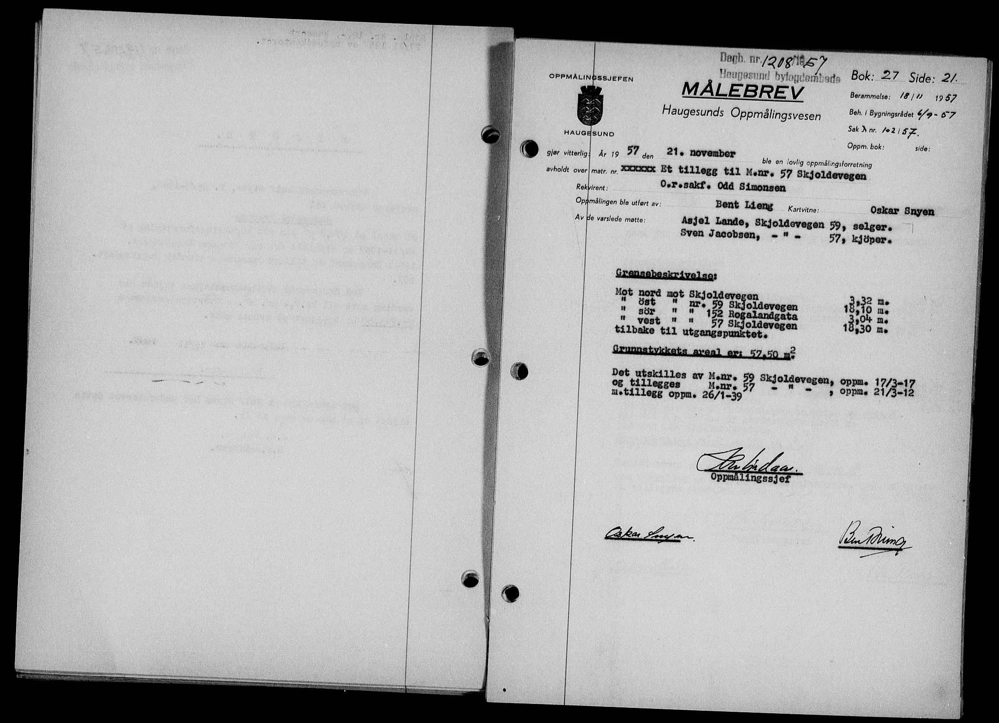 Haugesund tingrett, SAST/A-101415/01/II/IIC/L0068: Mortgage book no. A 9, 1956-1958, Diary no: : 1208/1957
