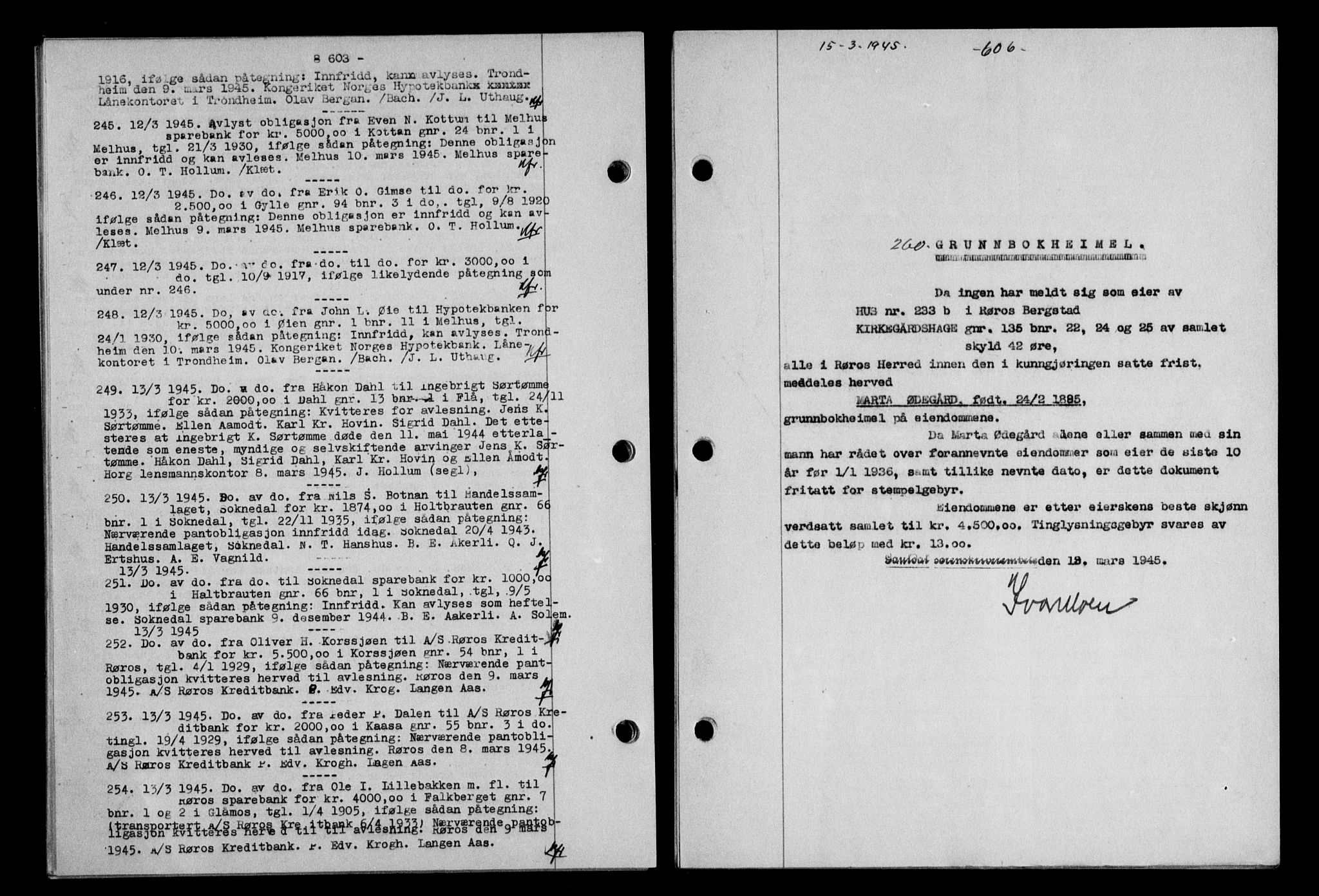 Gauldal sorenskriveri, SAT/A-0014/1/2/2C/L0058: Mortgage book no. 63, 1944-1945, Diary no: : 260/1945