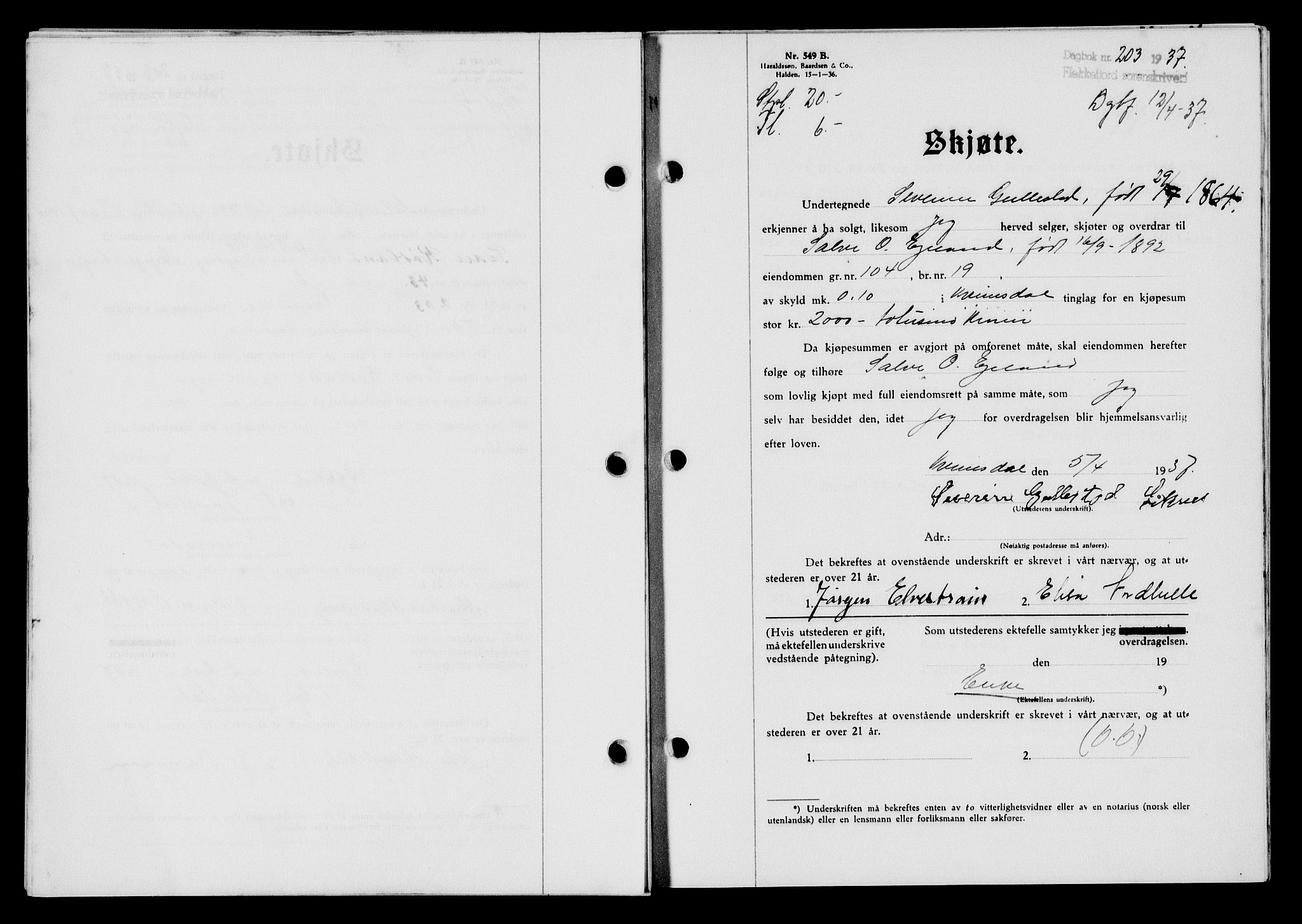 Flekkefjord sorenskriveri, SAK/1221-0001/G/Gb/Gba/L0053: Mortgage book no. A-1, 1936-1937, Diary no: : 203/1937
