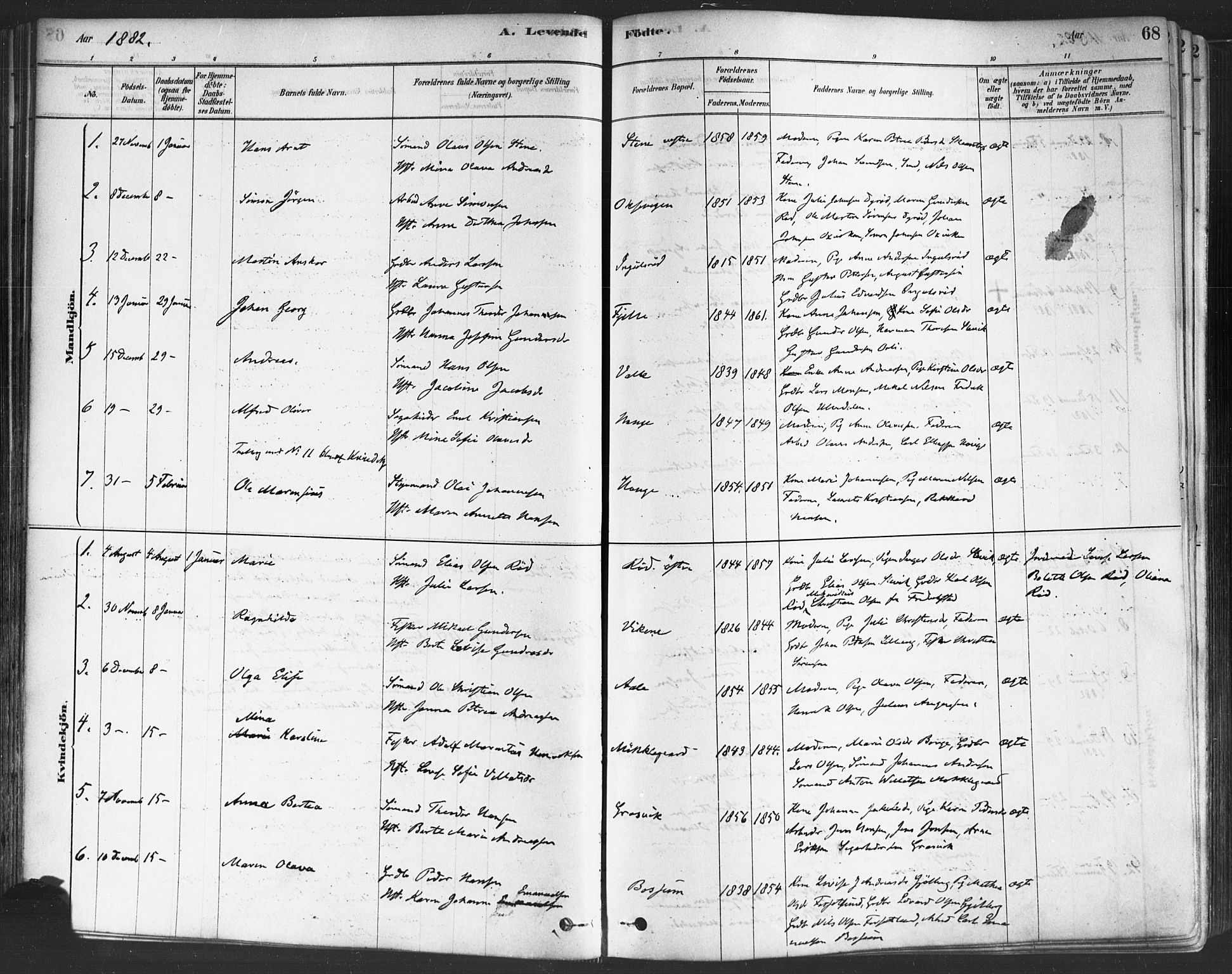 Onsøy prestekontor Kirkebøker, AV/SAO-A-10914/F/Fa/L0005: Parish register (official) no. I 5, 1878-1898, p. 68