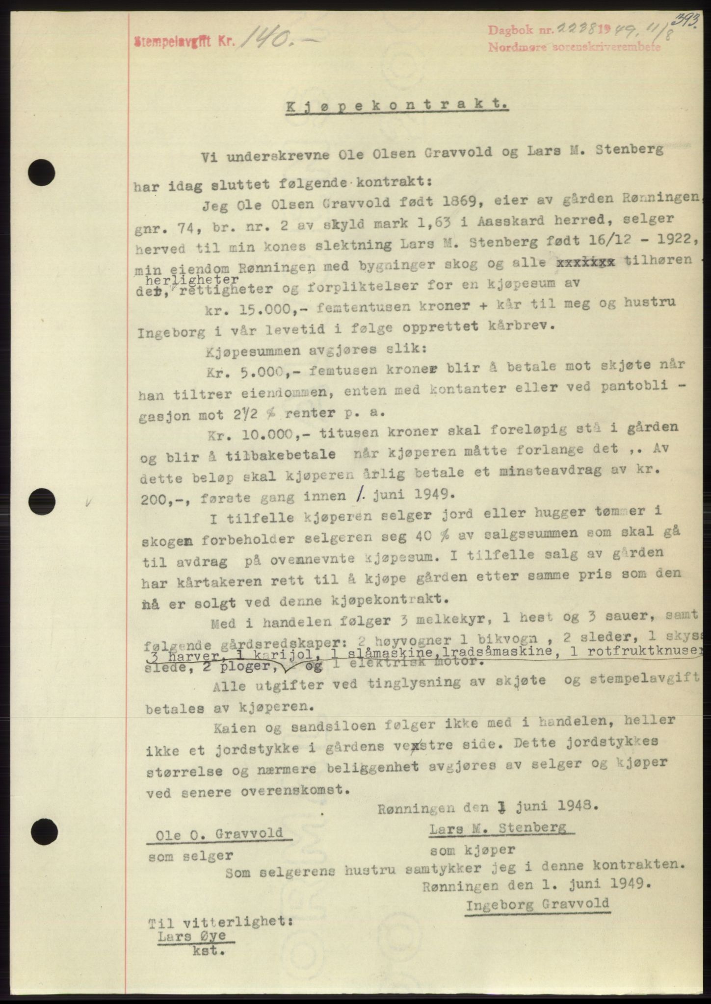 Nordmøre sorenskriveri, AV/SAT-A-4132/1/2/2Ca: Mortgage book no. B102, 1949-1949, Diary no: : 2238/1949