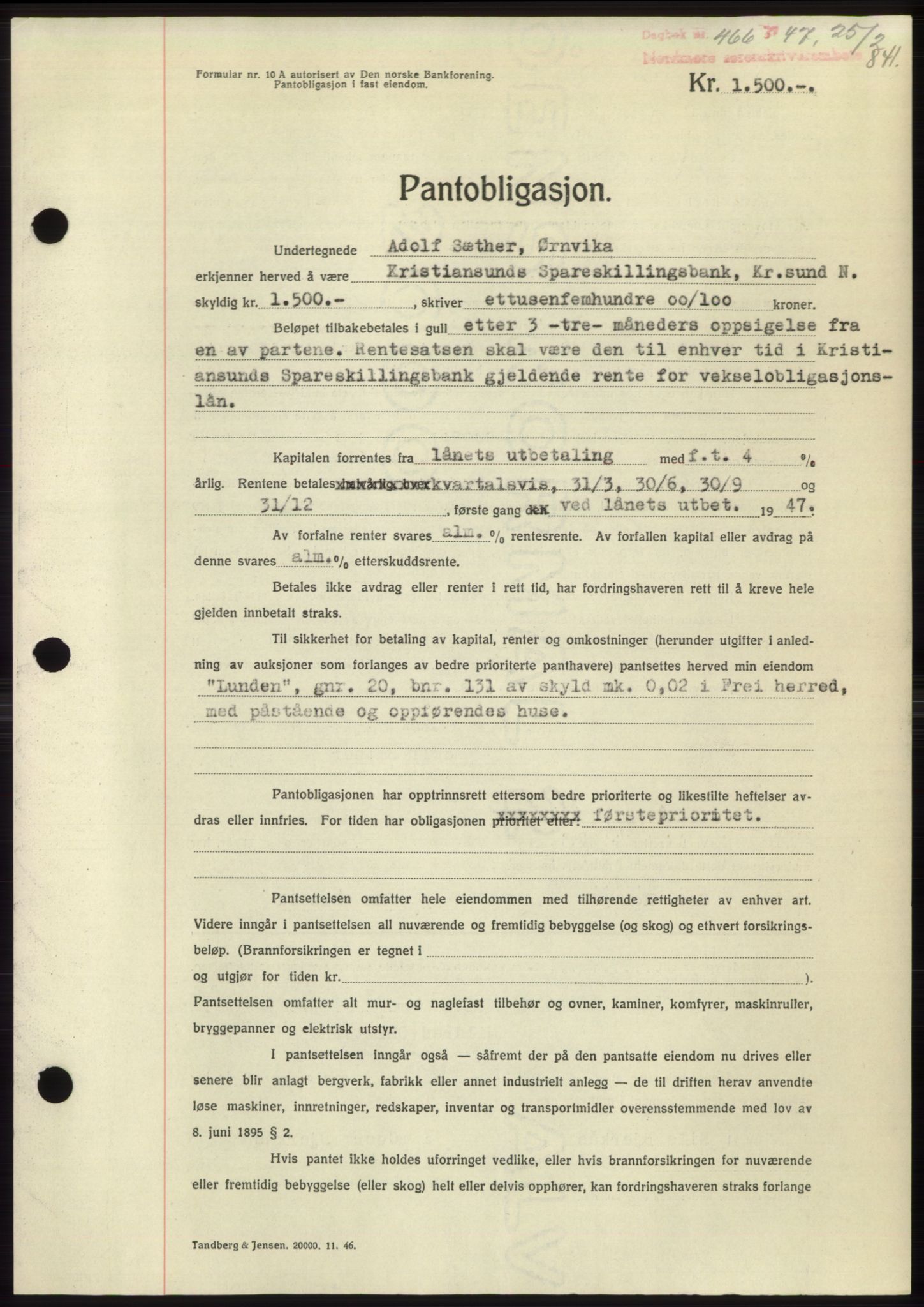 Nordmøre sorenskriveri, AV/SAT-A-4132/1/2/2Ca: Mortgage book no. B95, 1946-1947, Diary no: : 466/1947