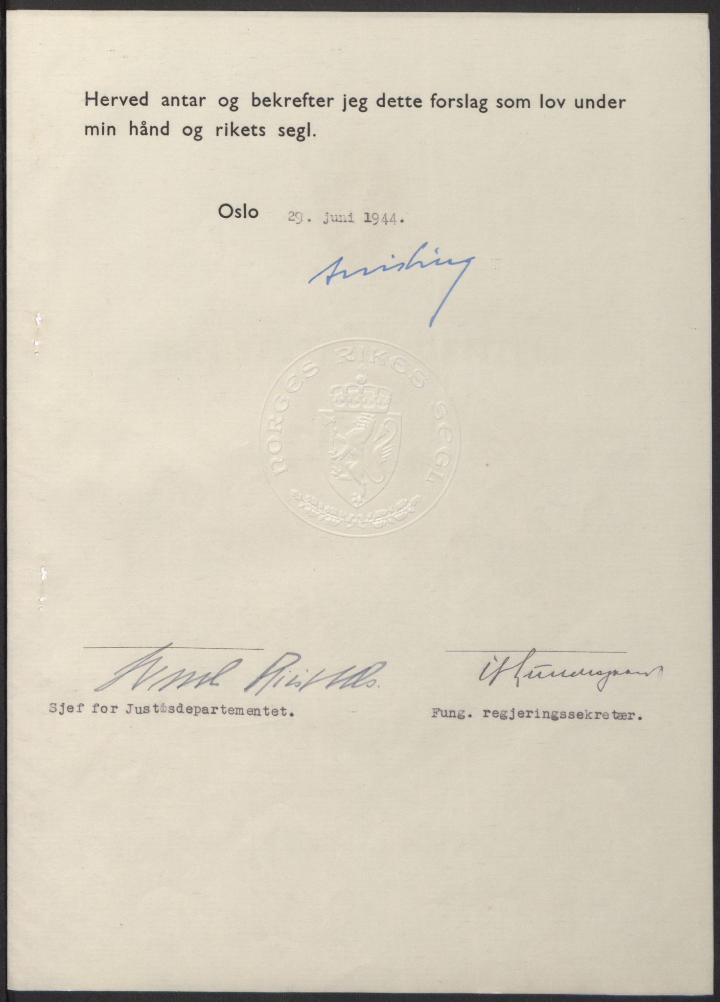 NS-administrasjonen 1940-1945 (Statsrådsekretariatet, de kommisariske statsråder mm), AV/RA-S-4279/D/Db/L0100: Lover, 1944, p. 320