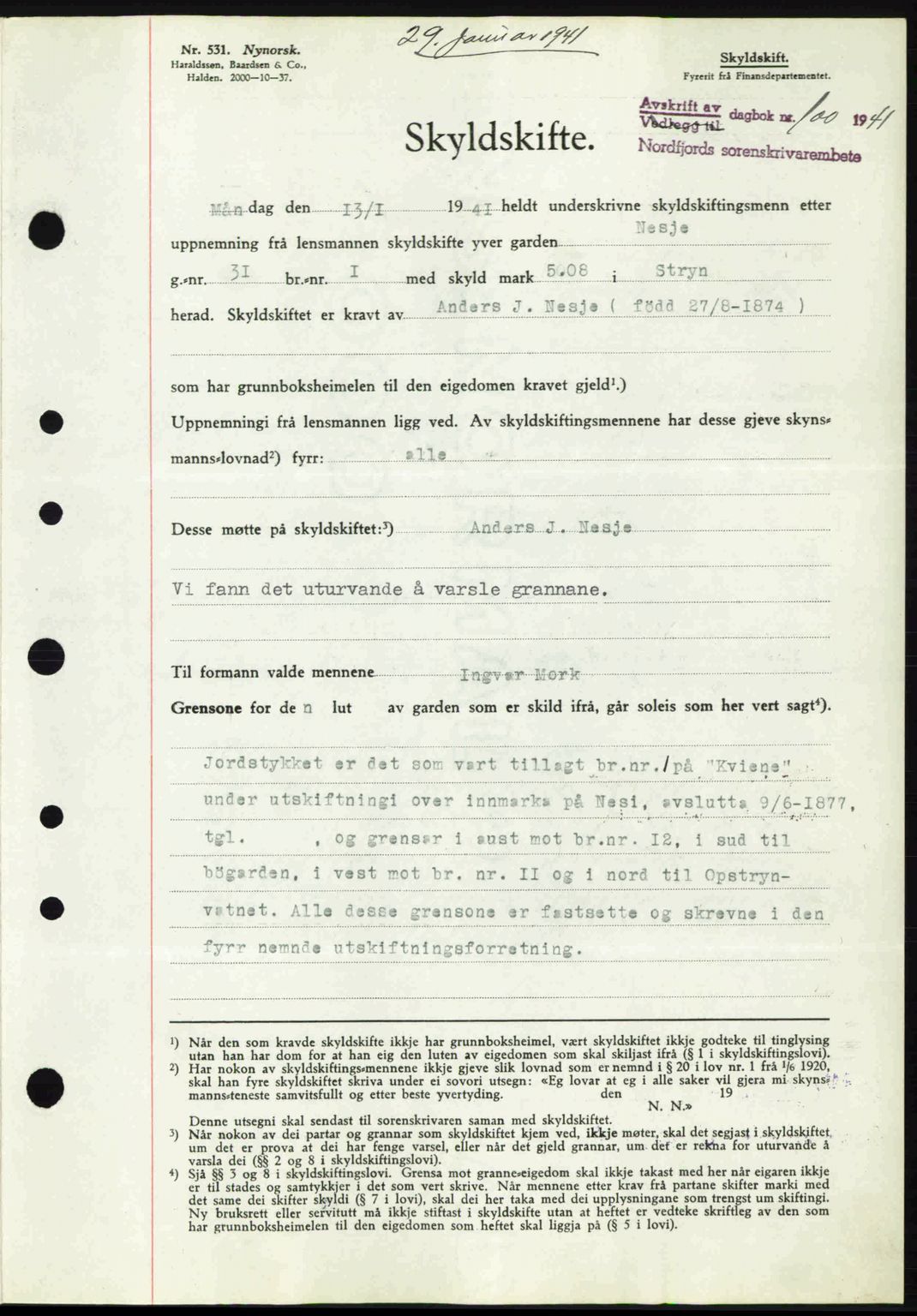 Nordfjord sorenskriveri, AV/SAB-A-2801/02/02b/02bj/L0006: Mortgage book no. A6, 1940-1941, Diary no: : 100/1941