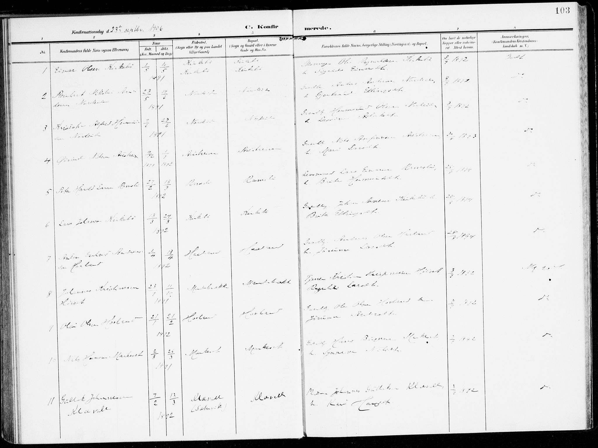 Lavik sokneprestembete, AV/SAB-A-80901: Parish register (official) no. C 2, 1904-1921, p. 103