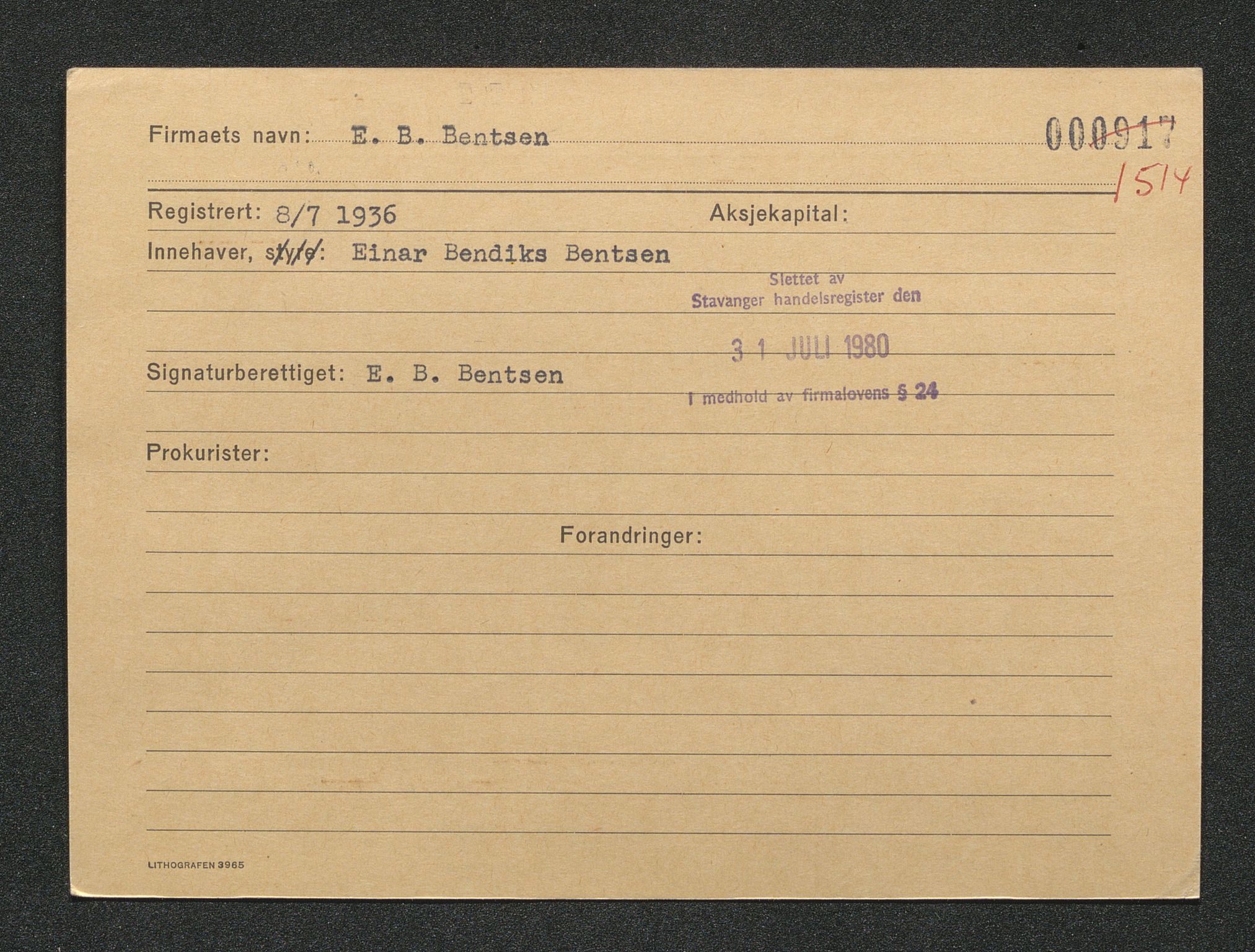 Stavanger byfogd, SAST/A-101408/001/4/42/422/4221A/L0001: Register over slettede firma A-C, 1891-1987, p. 202