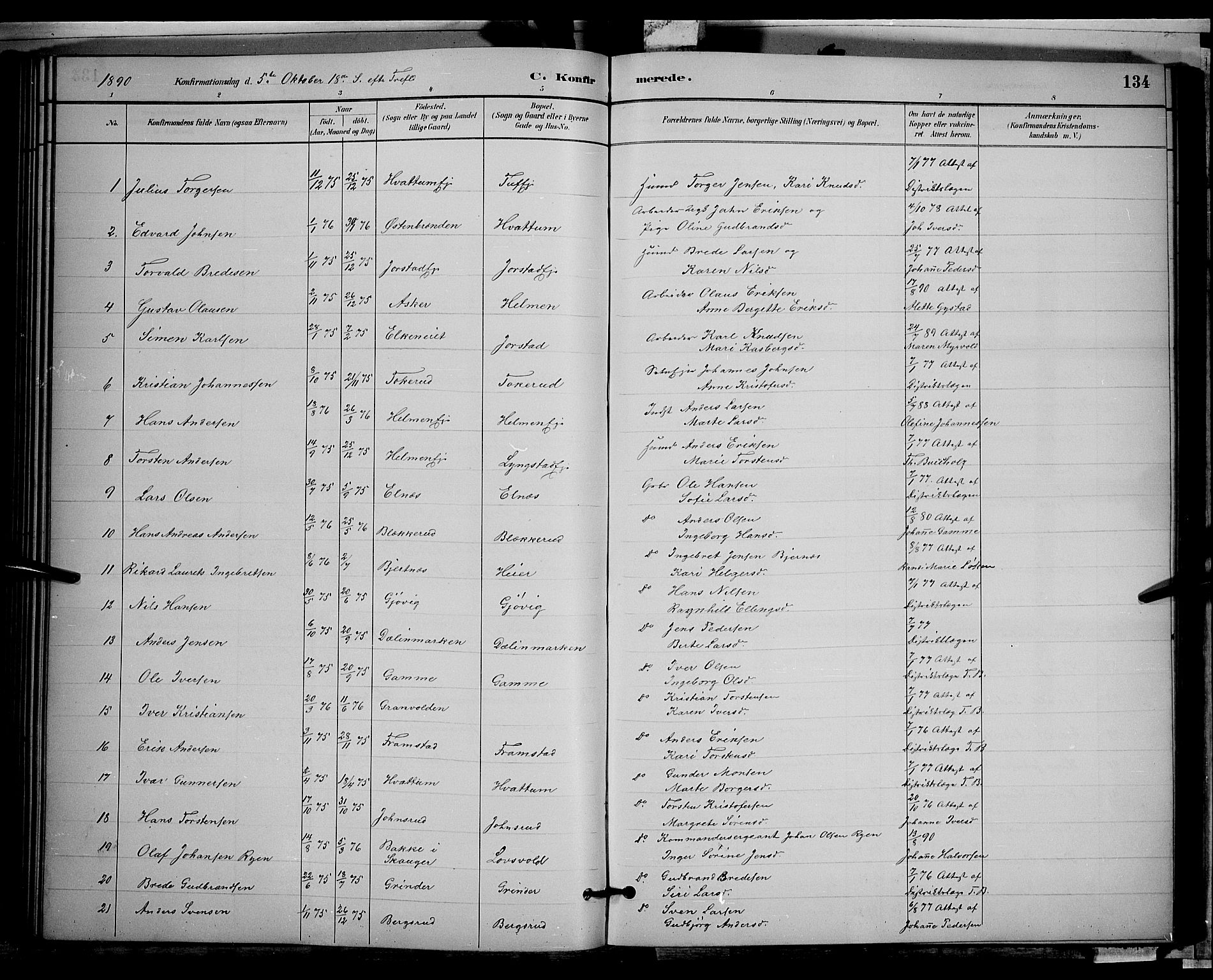 Gran prestekontor, AV/SAH-PREST-112/H/Ha/Hab/L0002: Parish register (copy) no. 2, 1879-1892, p. 134