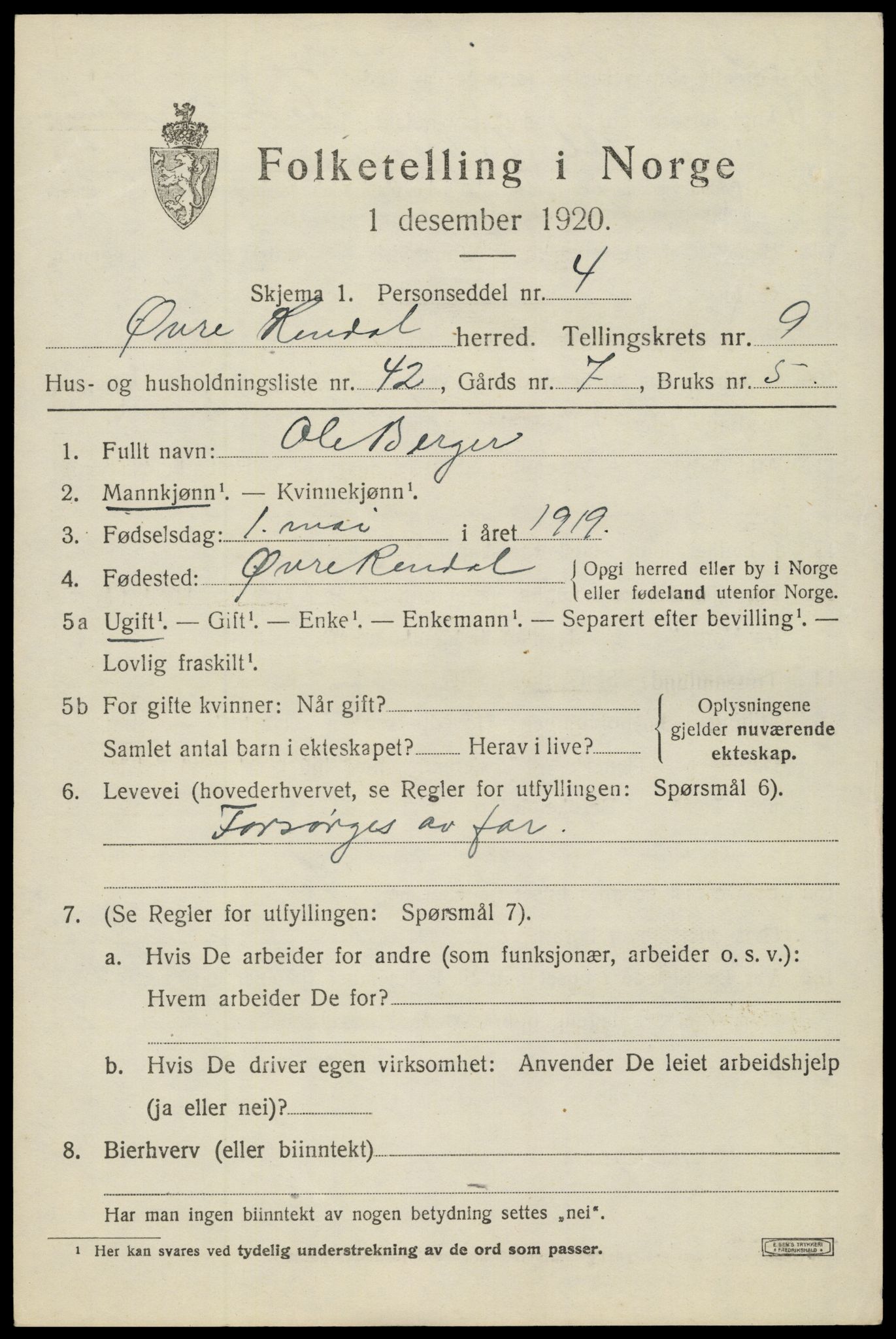 SAH, 1920 census for Øvre Rendal, 1920, p. 3785