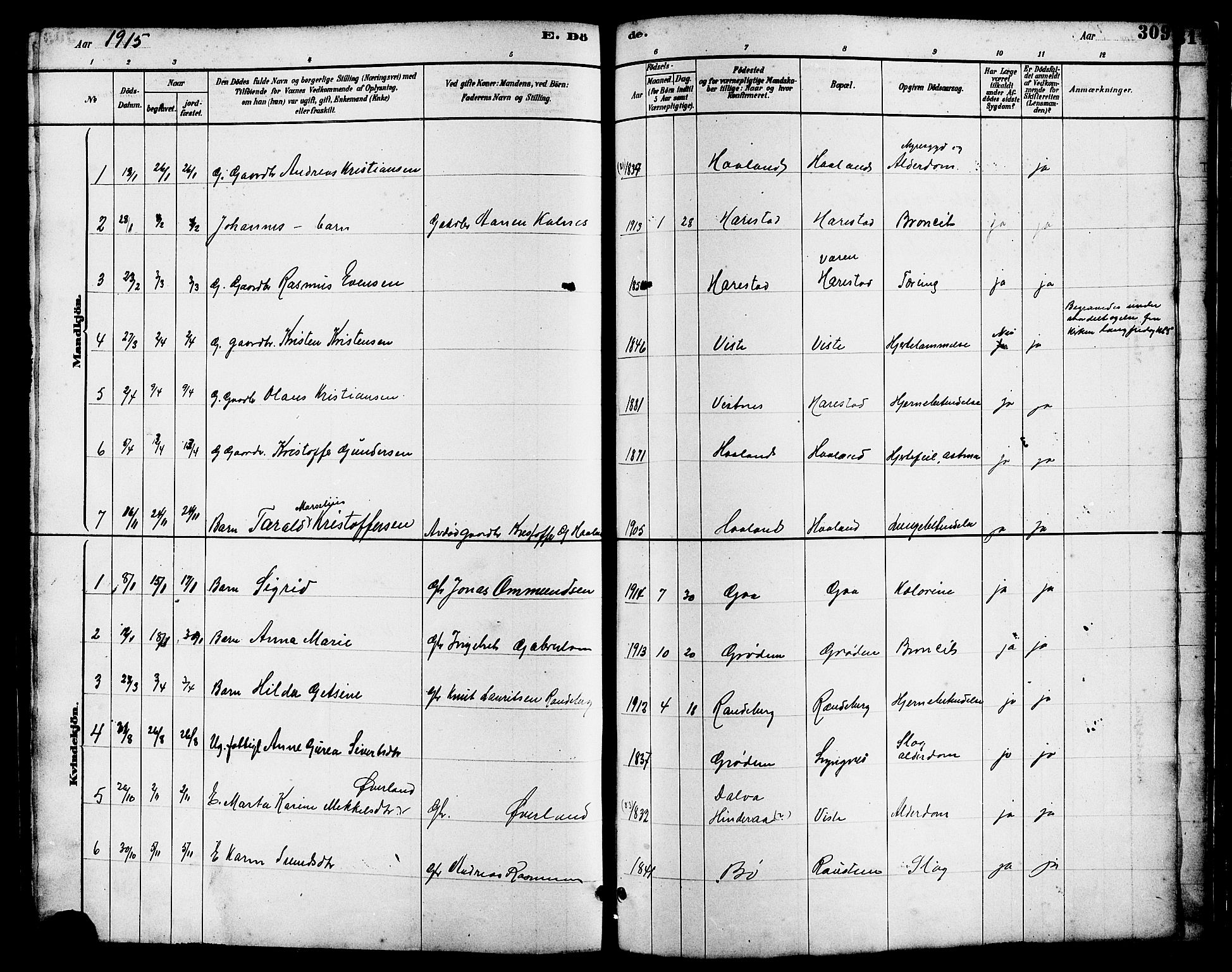 Hetland sokneprestkontor, SAST/A-101826/30/30BB/L0006: Parish register (copy) no. B 6, 1878-1921, p. 309