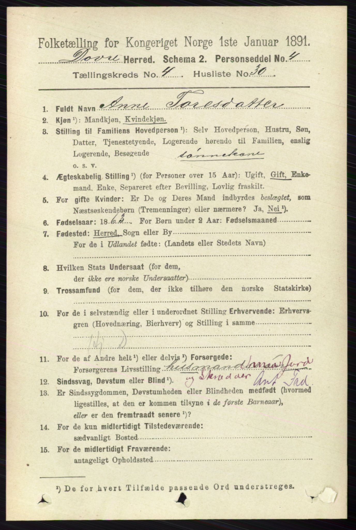 RA, 1891 census for 0511 Dovre, 1891, p. 2128