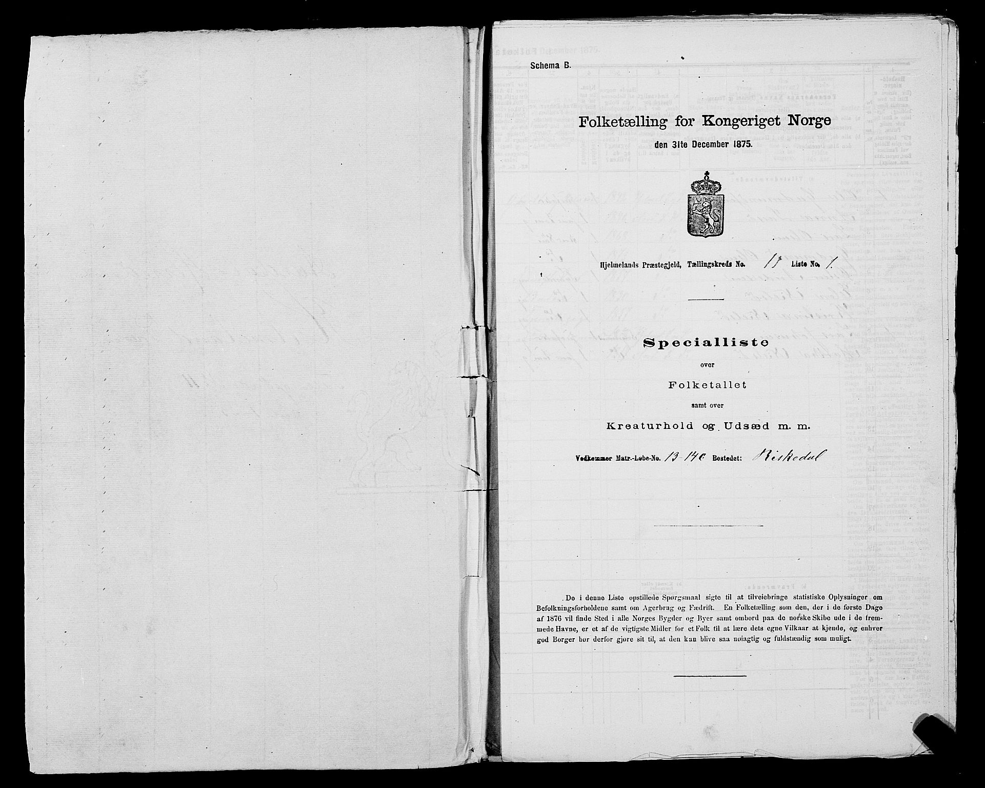 SAST, 1875 census for 1133P Hjelmeland, 1875, p. 1330